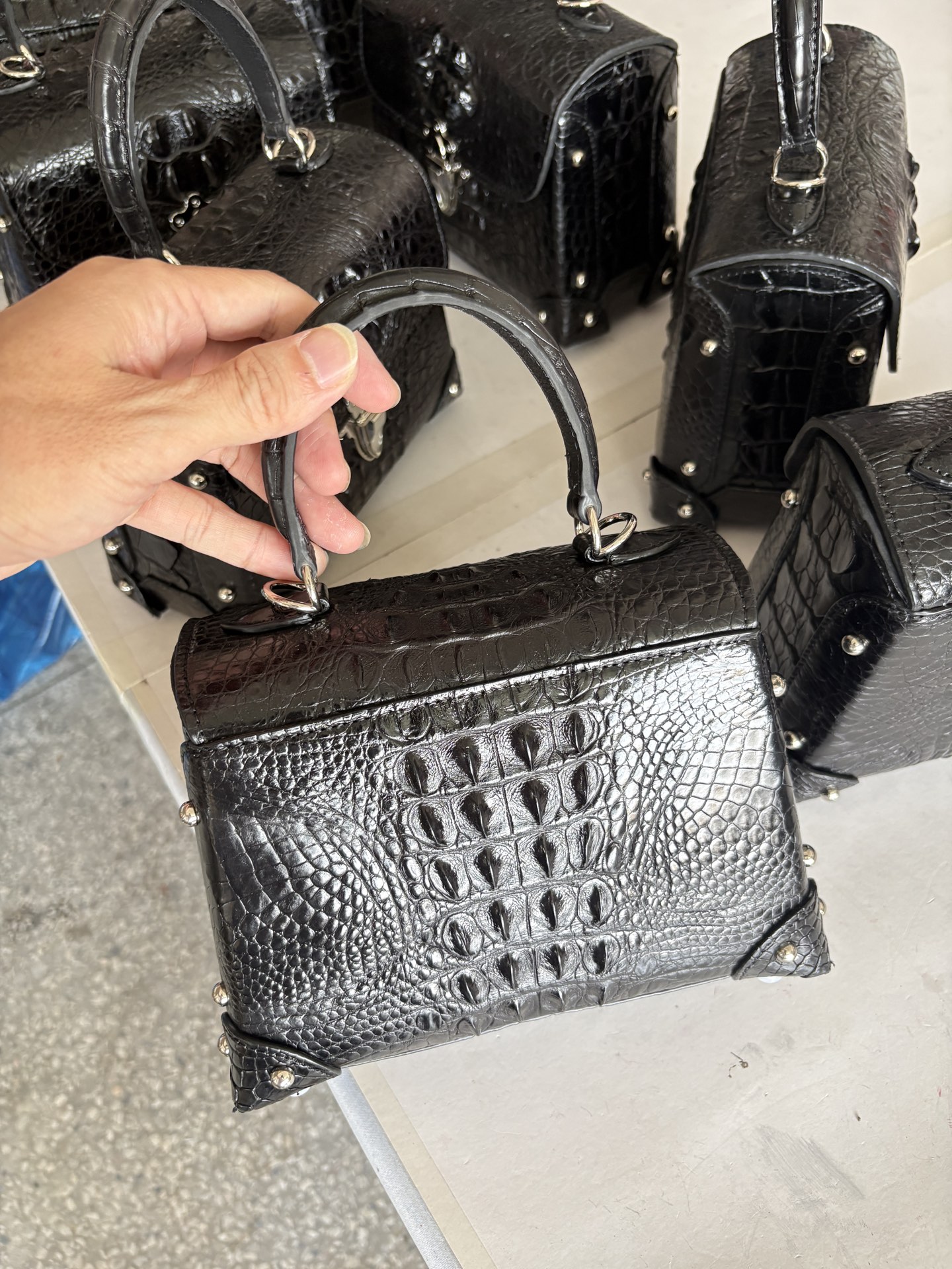 Crocodile Leather Black Glossy Structured Box Top Handle Bag HXB003 photo 2