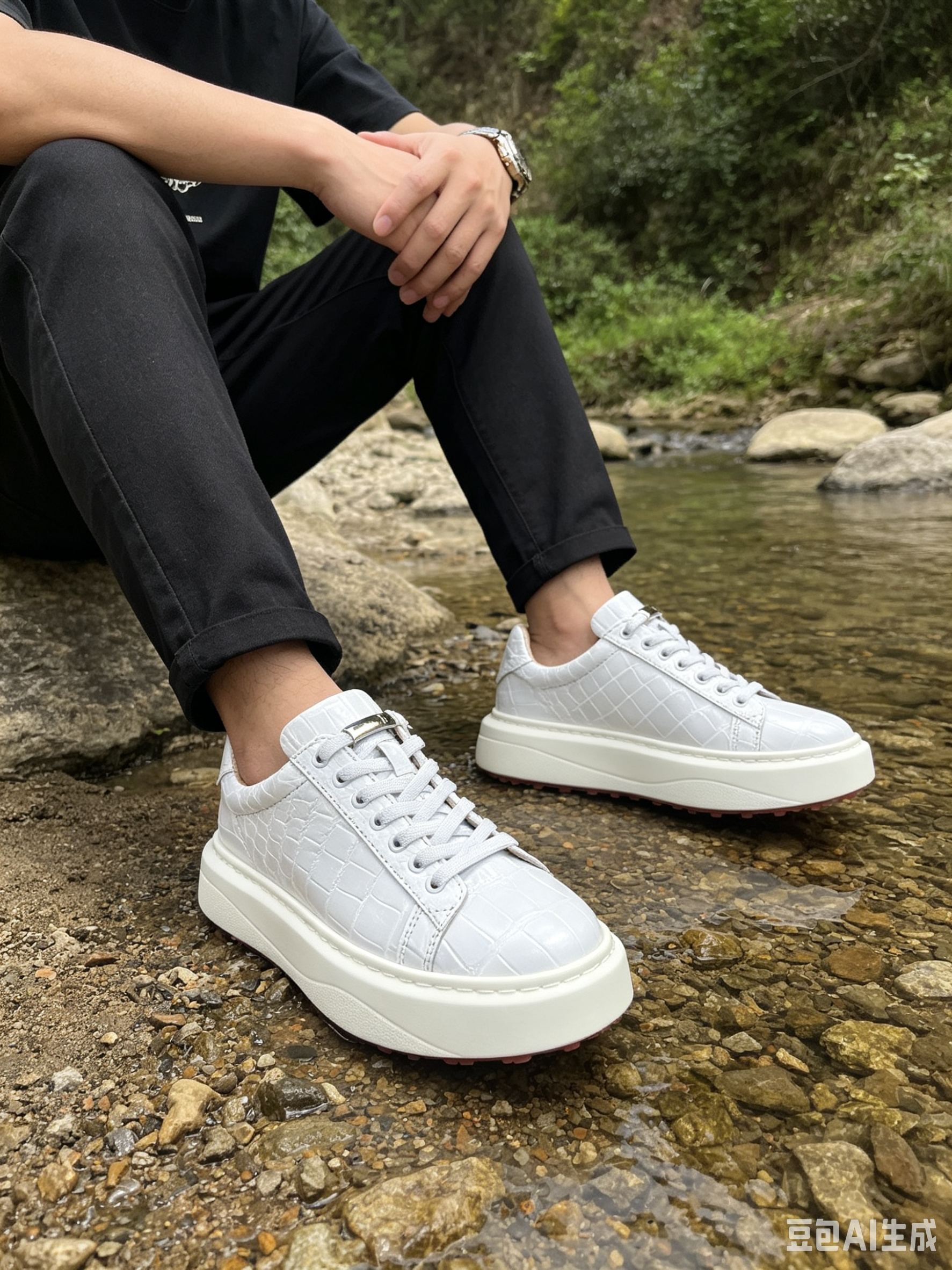 Crocodile Leather White Studded Low-Top Sneakers F057 photo 4