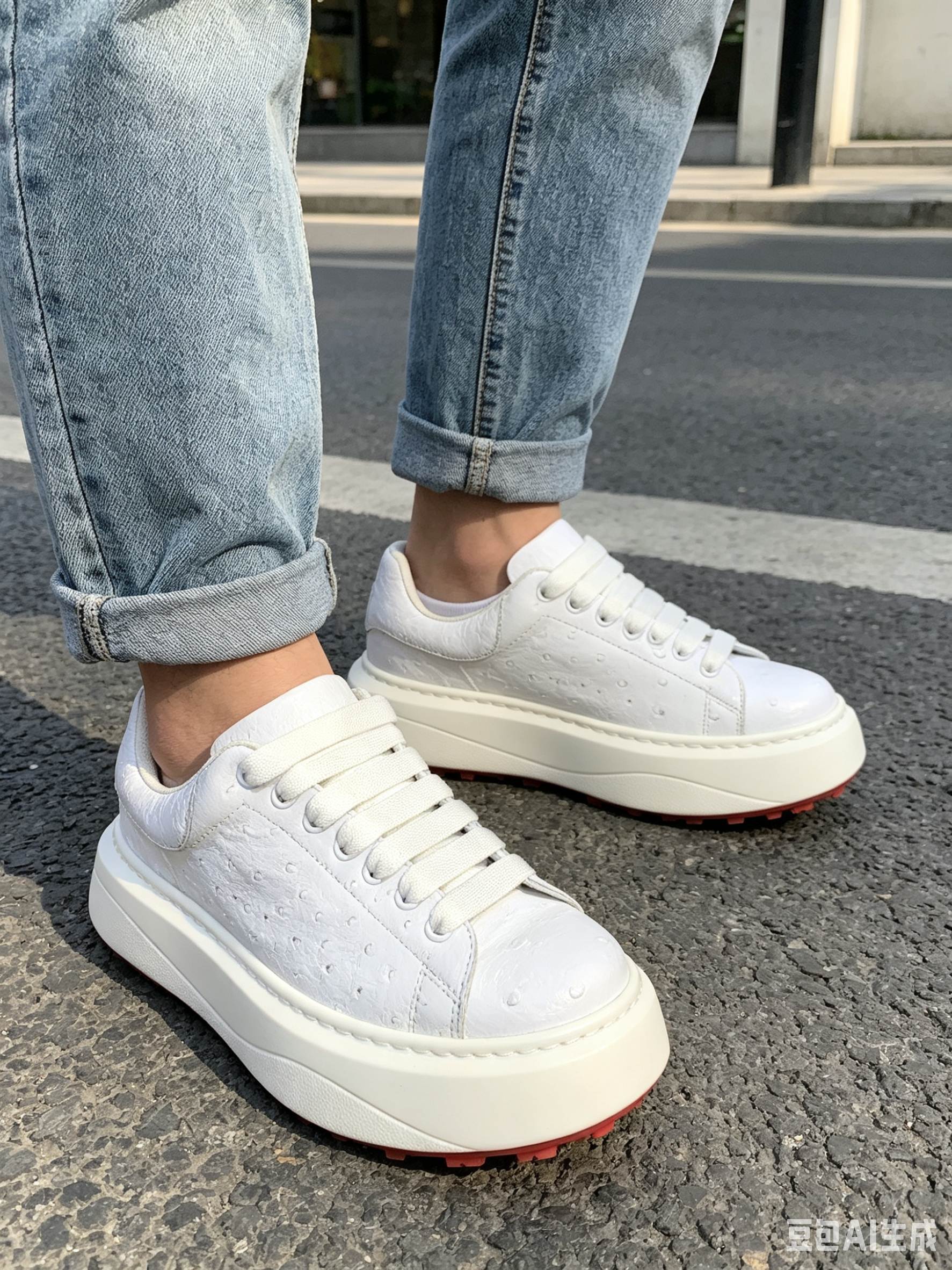 Ostrich Leather White Low-Top Sneakers F064 photo 3