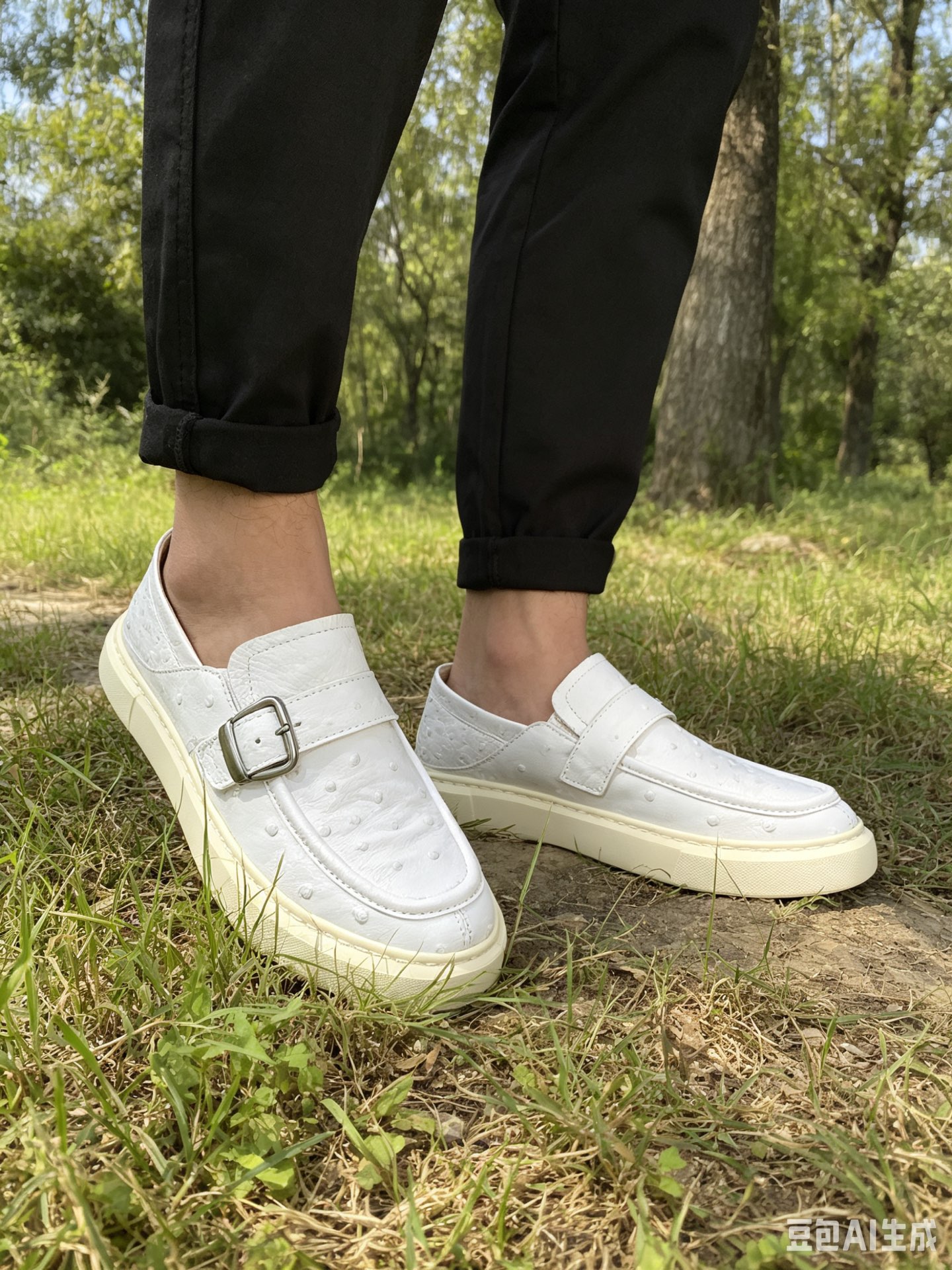 Ostrich Leather Men's White Convertible Heel Slip-On Sneakers F066