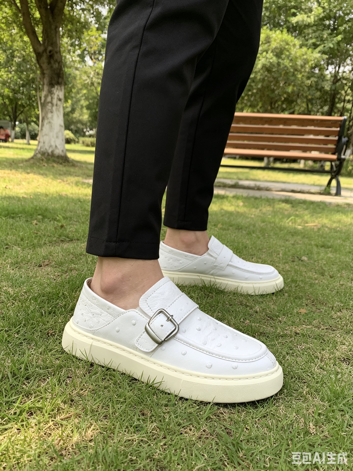Ostrich Leather Men's White Convertible Heel Slip-On Sneakers F066 photo 3