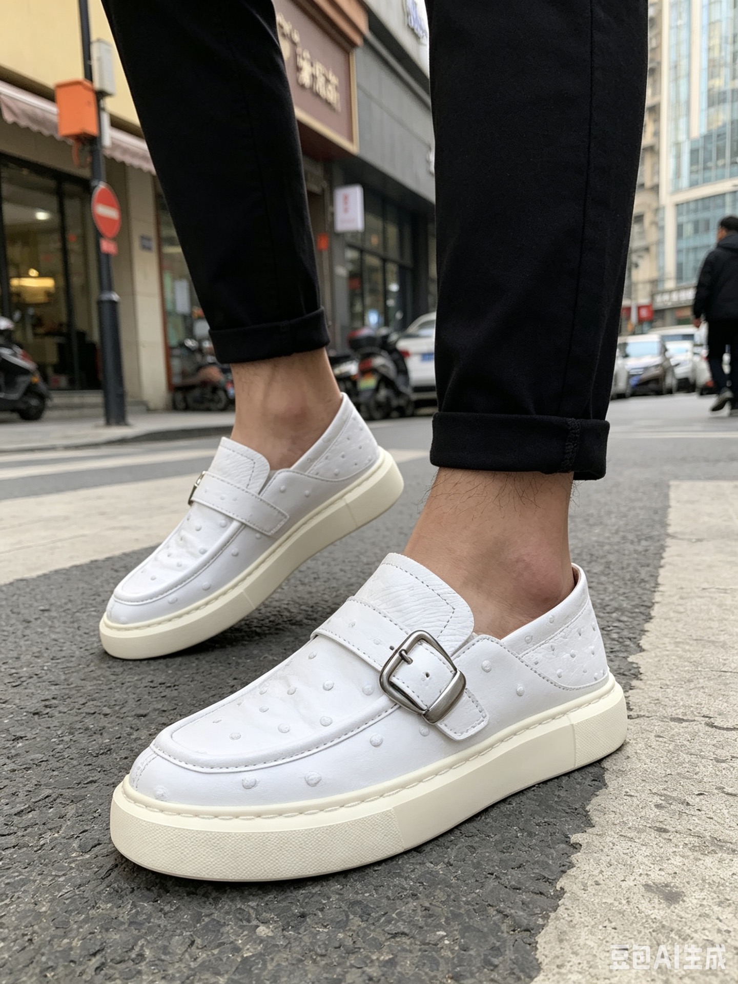 Ostrich Leather Men's White Convertible Heel Slip-On Sneakers F066 photo 5