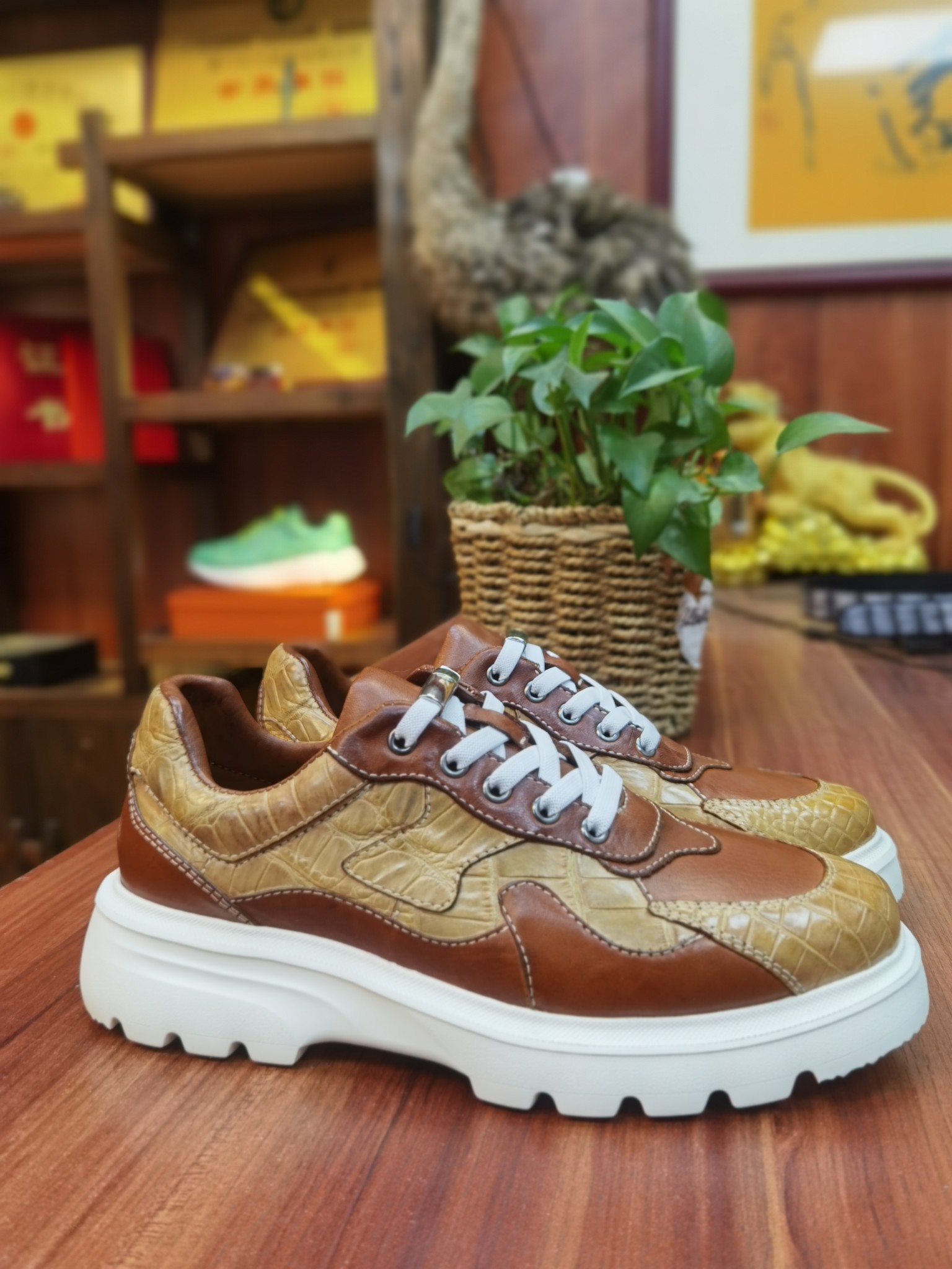 Alligator and Horse Leather Men's Washed Lightweight Chunky Sneakers FAS003