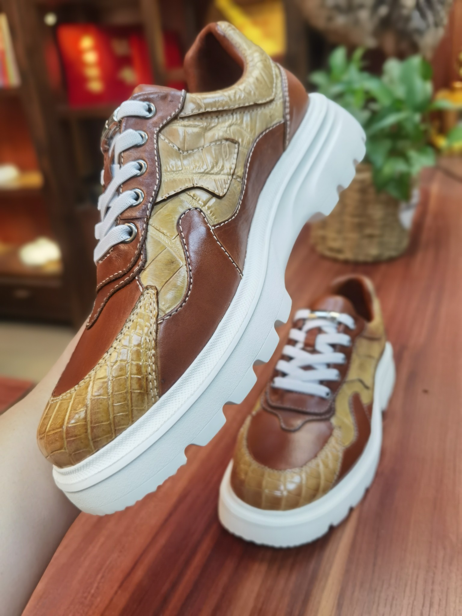 Alligator and Horse Leather Men's Washed Lightweight Chunky Sneakers FAS003 image 5