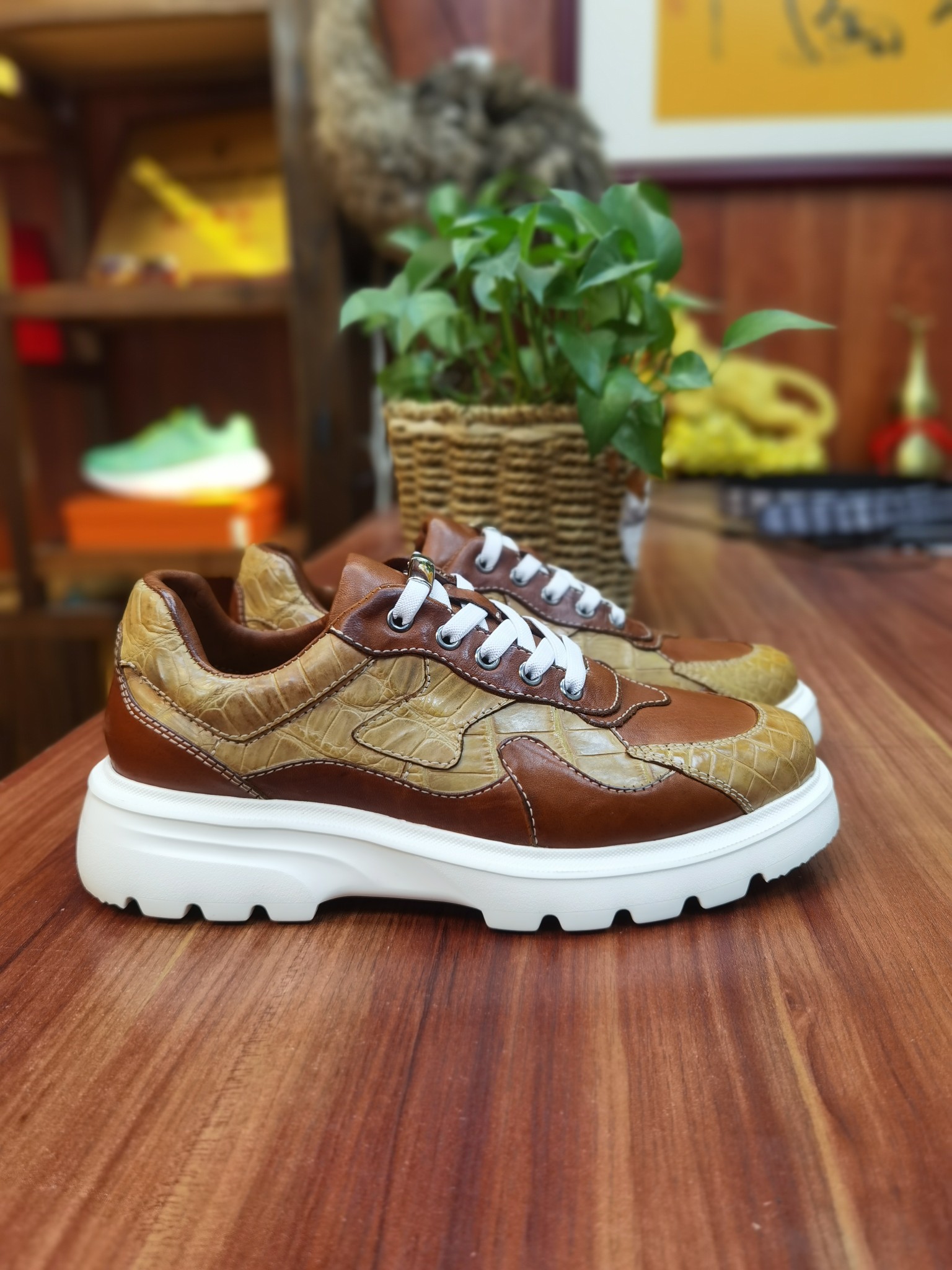 Alligator and Horse Leather Men's Washed Lightweight Chunky Sneakers FAS003 image 6
