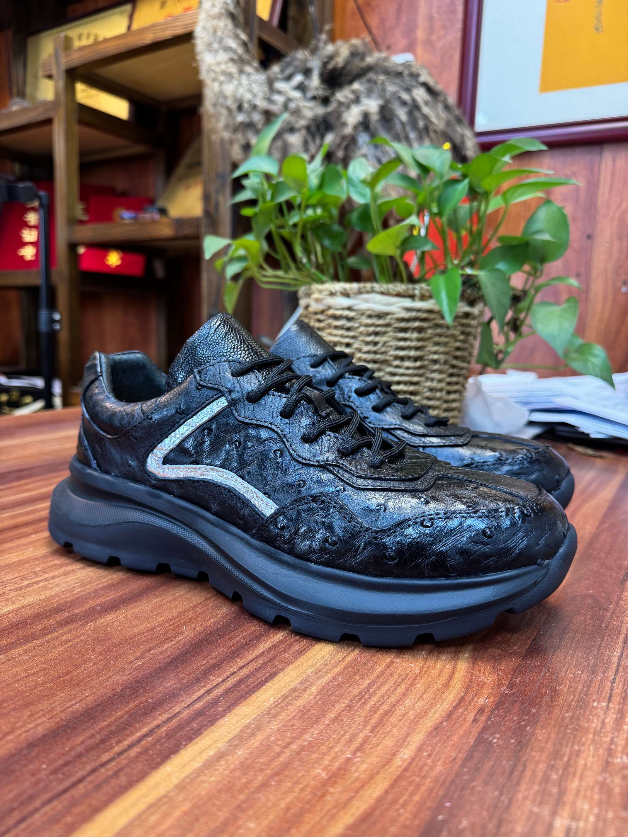Ostrich Leather Black Lightweight Chunky Sneakers FOS025