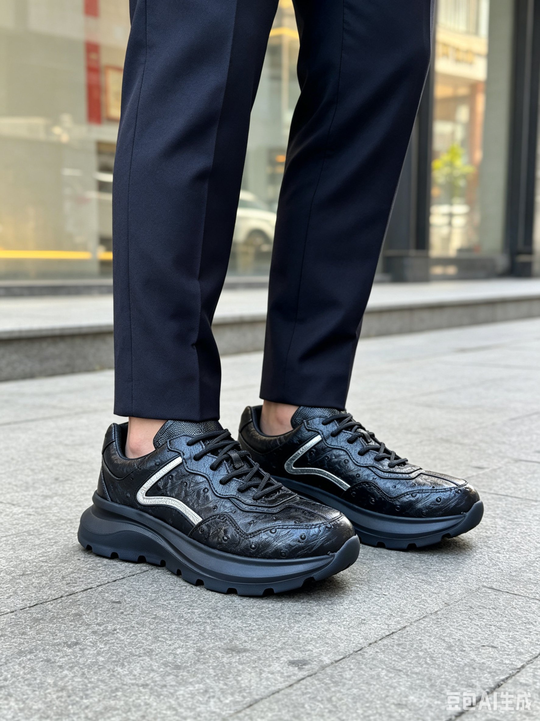 Ostrich Leather Black Lightweight Chunky Sneakers FOS025 photo 3