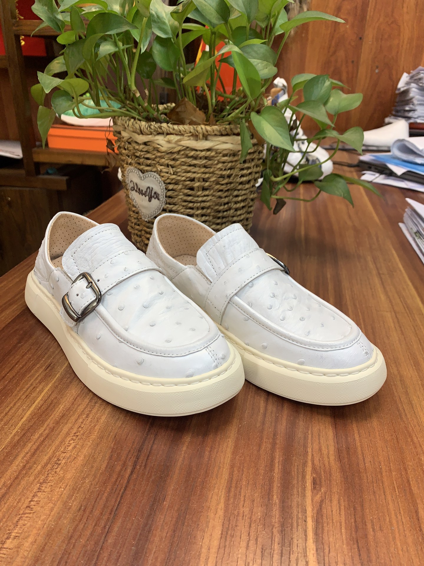 Ostrich Leather Men's White Convertible Heel Slip-On Sneakers FOS035