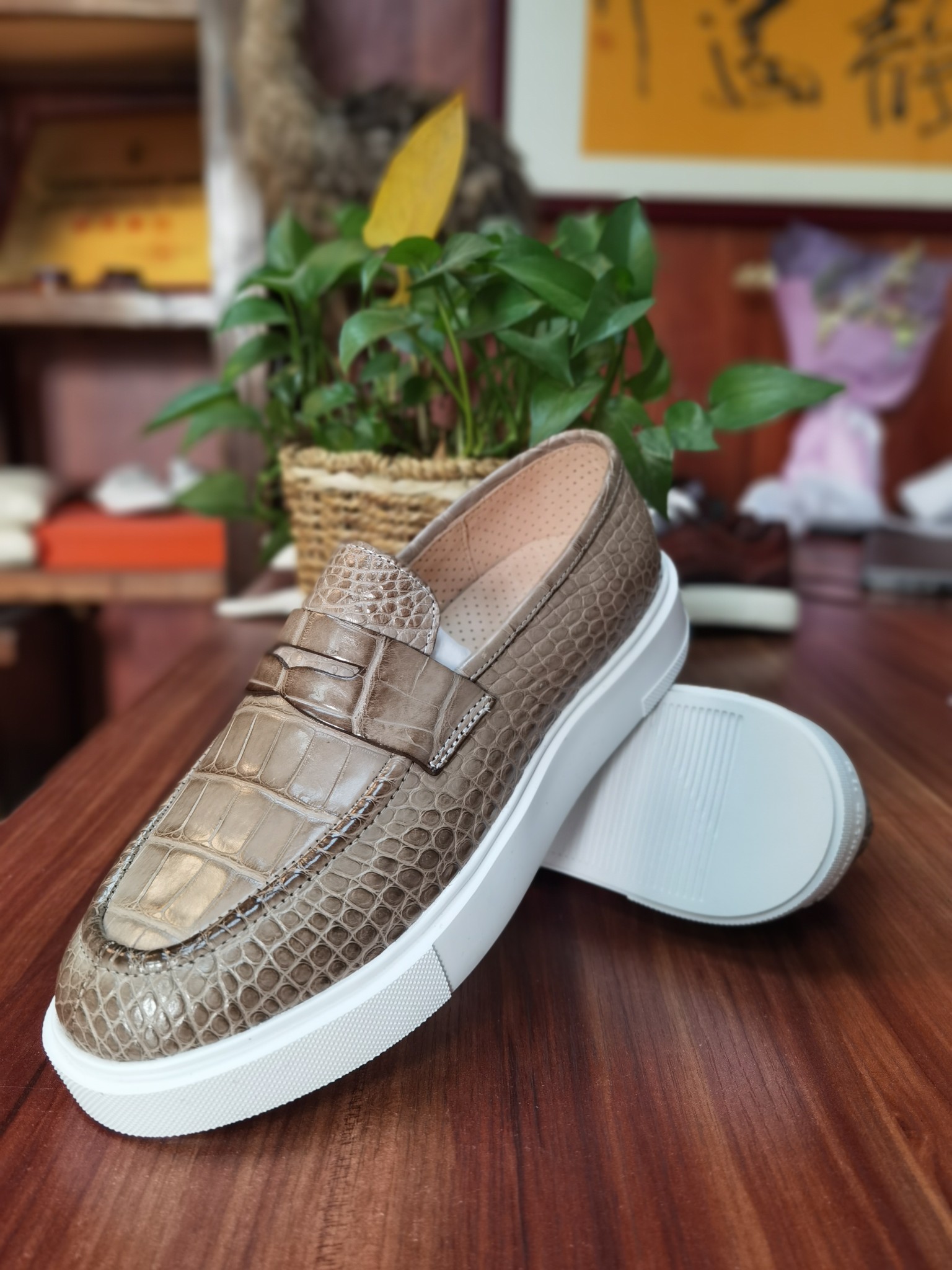 Crocodile Leather Taupe Slip-On Sneakers FXS004