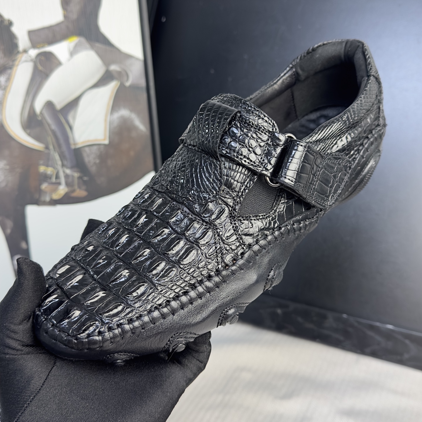 Crocodile Leather Black Hornback Hook-and-Loop Walking Shoes HCS003 photo 6