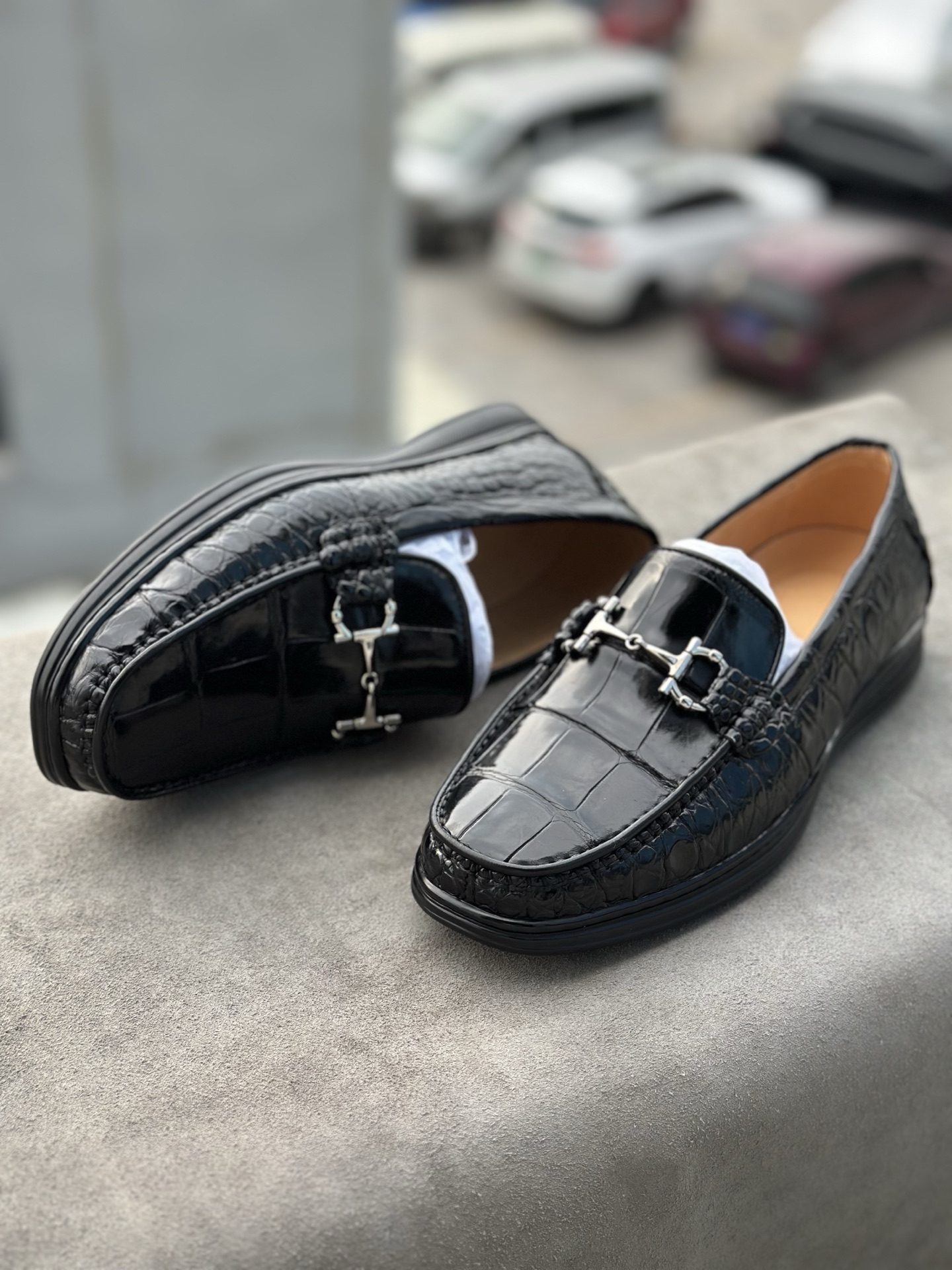 Crocodile Leather Black Belly Cut Stitched-Sole Bit Loafers HCS007