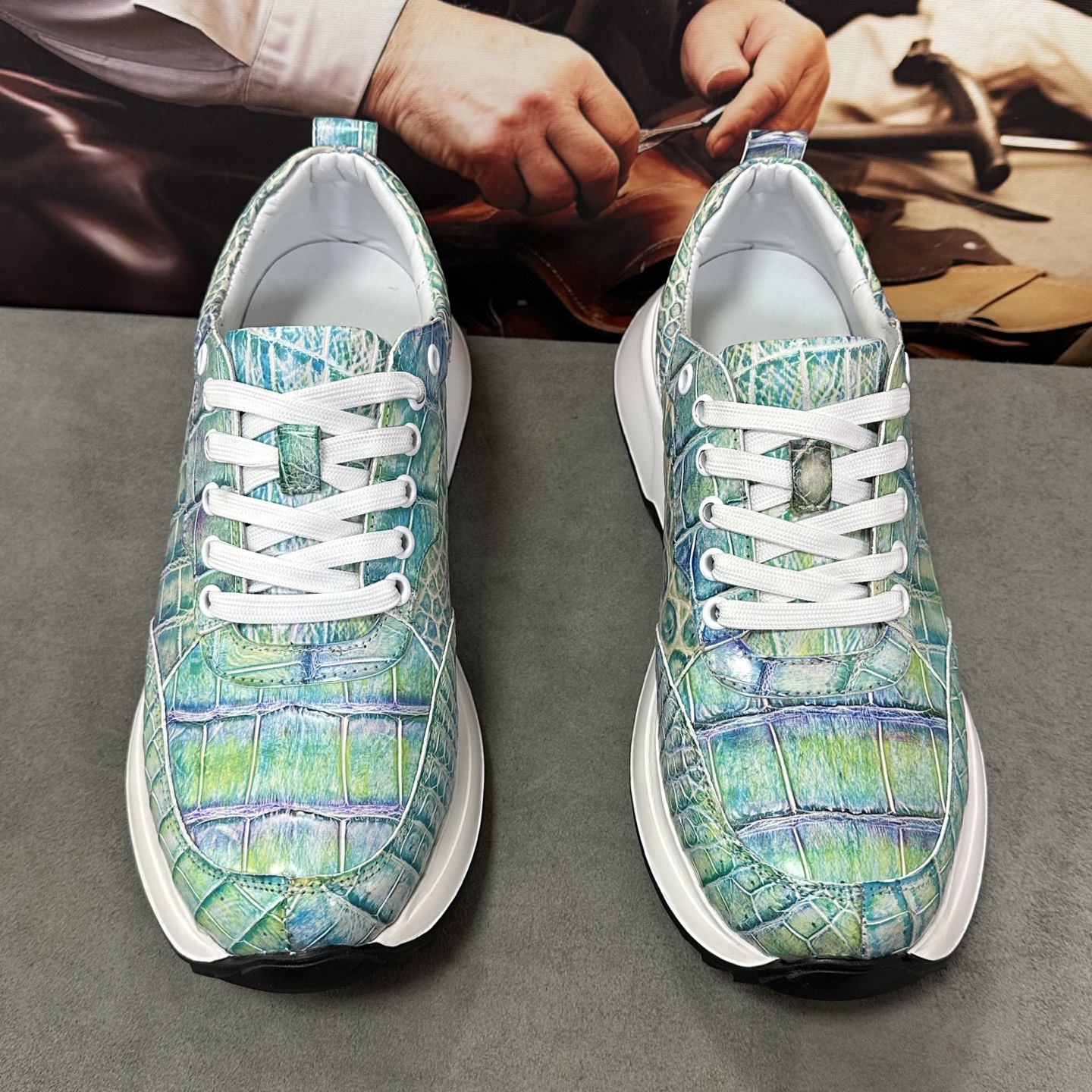 Crocodile Leather Iridescent Aqua Low-Top Sneakers HCS008
