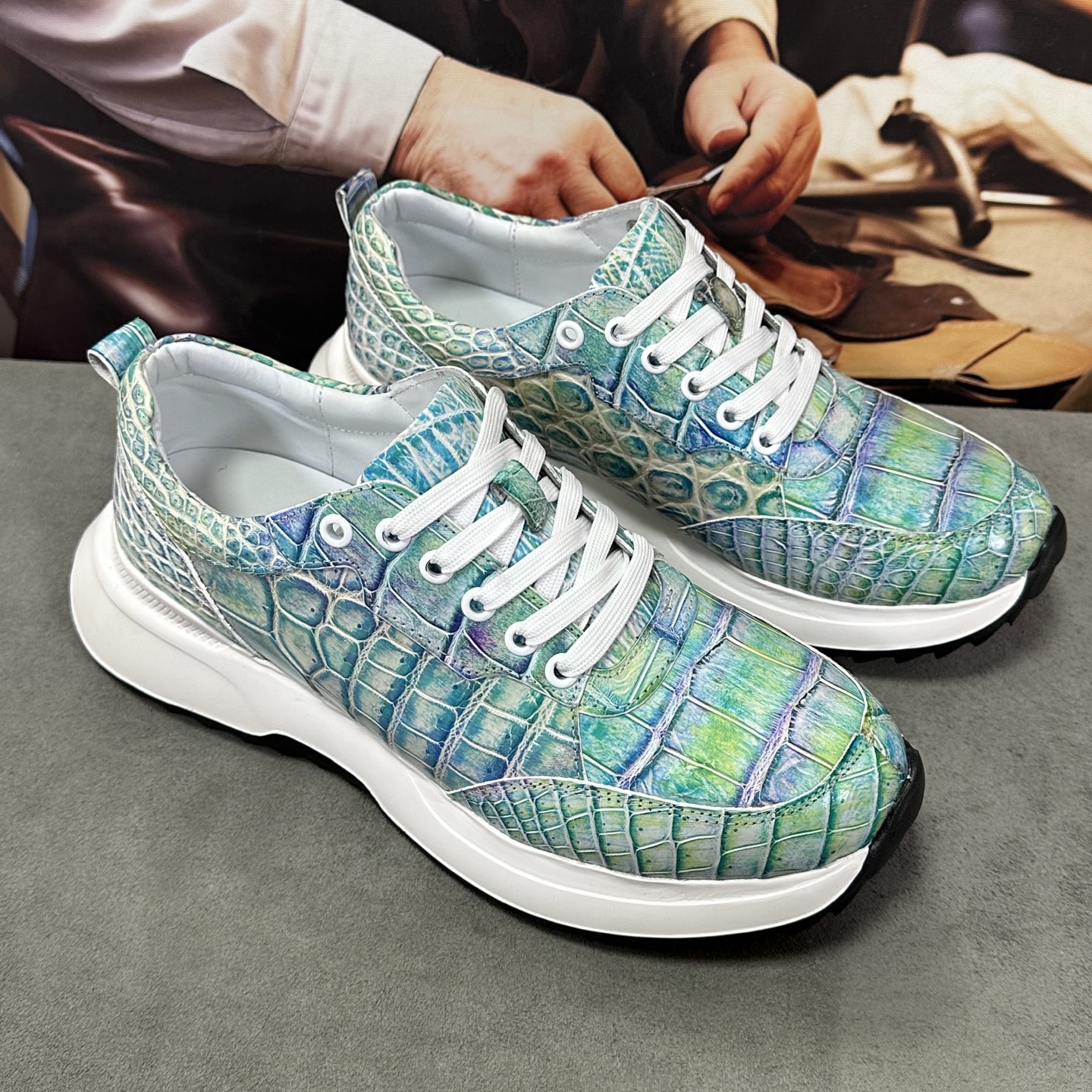 Crocodile Leather Iridescent Aqua Low-Top Sneakers HCS008 image 2