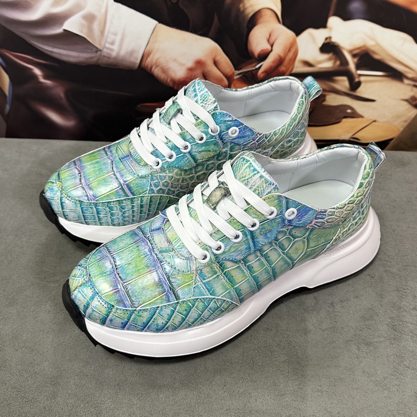 Crocodile Leather Iridescent Aqua Low-Top Sneakers HCS008 image 3