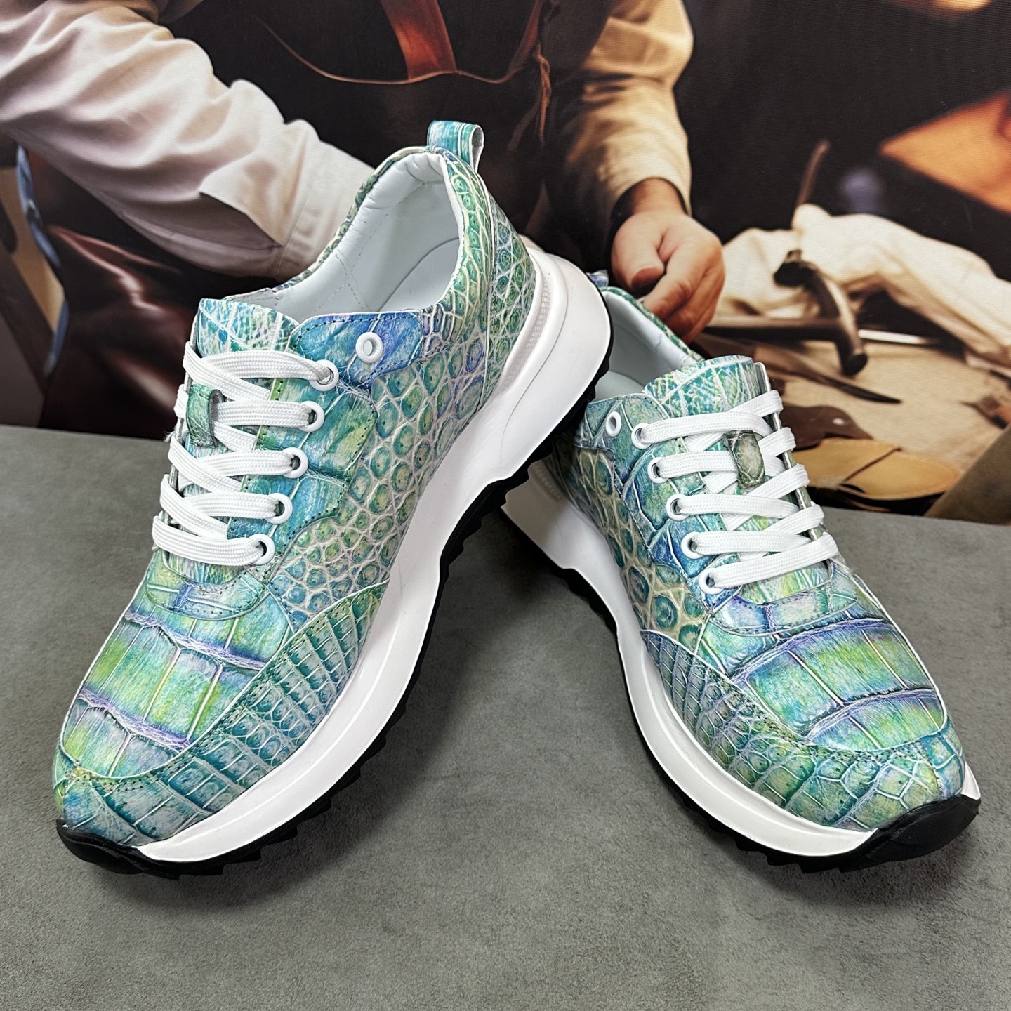 Crocodile Leather Iridescent Aqua Low-Top Sneakers HCS008 image 4