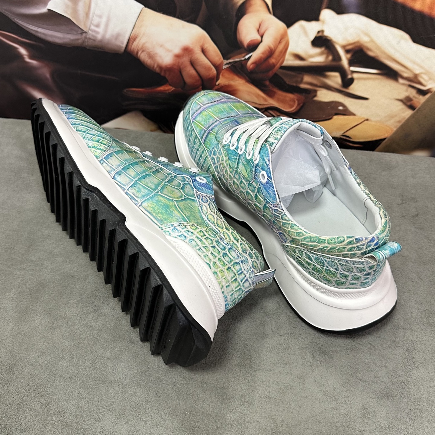 Crocodile Leather Iridescent Aqua Low-Top Sneakers HCS008 image 5