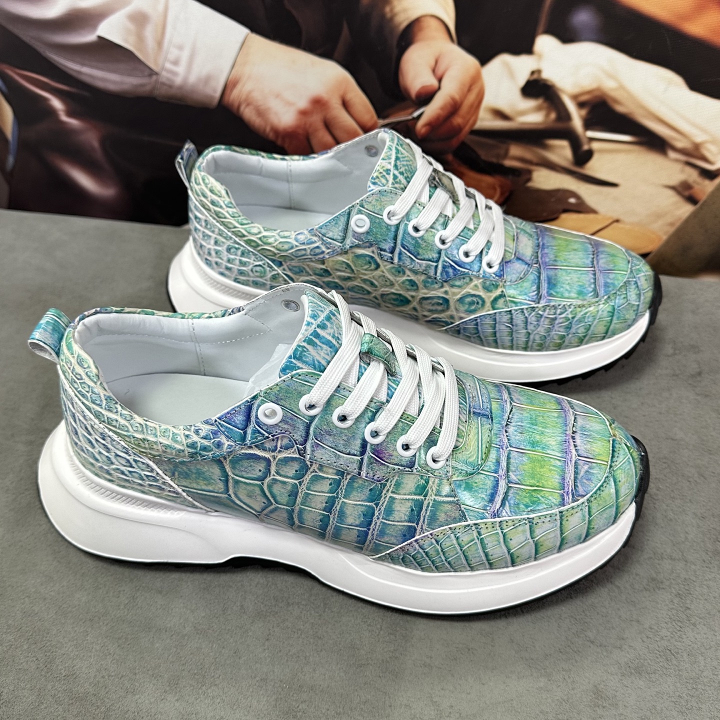 Crocodile Leather Iridescent Aqua Low-Top Sneakers HCS008 image 6