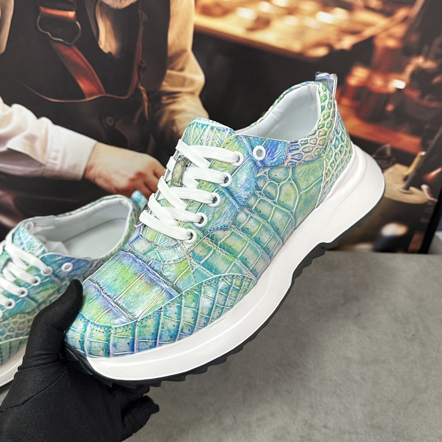 Crocodile Leather Iridescent Aqua Low-Top Sneakers HCS008 image 7
