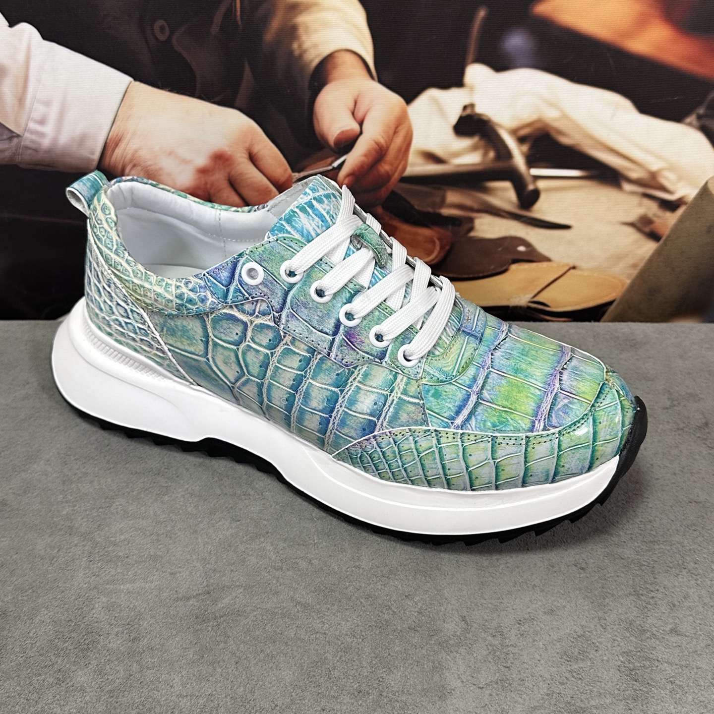 Crocodile Leather Iridescent Aqua Low-Top Sneakers HCS008 image 8