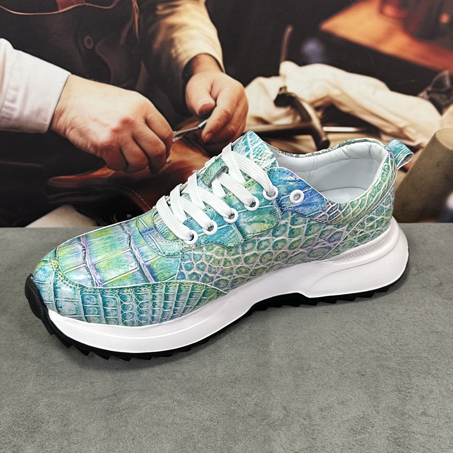 Crocodile Leather Iridescent Aqua Low-Top Sneakers HCS008 image 9