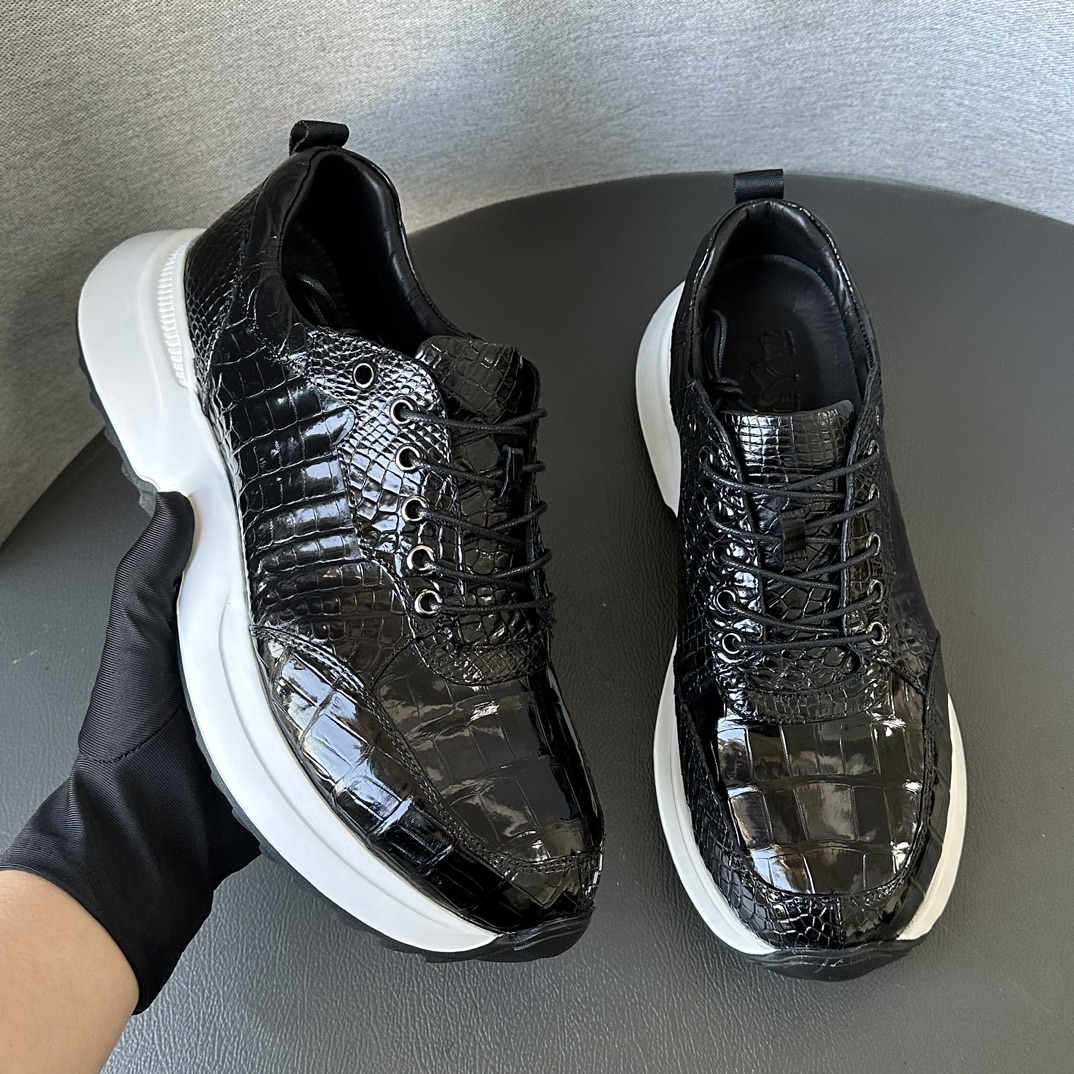 Crocodile Leather Black Belly Cut Lightweight Athletic Sneakers HCS009