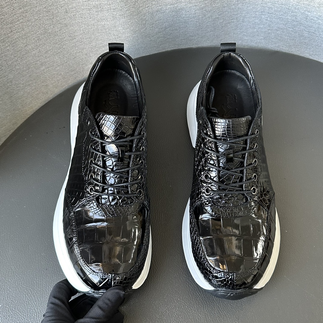 Crocodile Leather Black Belly Cut Lightweight Athletic Sneakers HCS009 photo 2