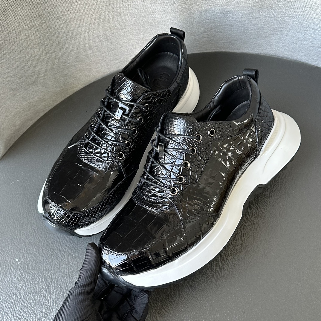 Crocodile Leather Black Belly Cut Lightweight Athletic Sneakers HCS009 photo 3