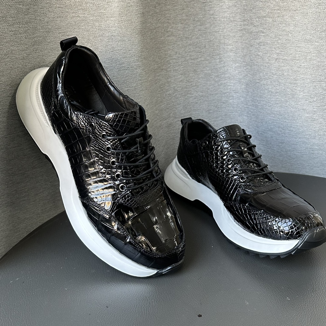 Crocodile Leather Black Belly Cut Lightweight Athletic Sneakers HCS009 photo 4