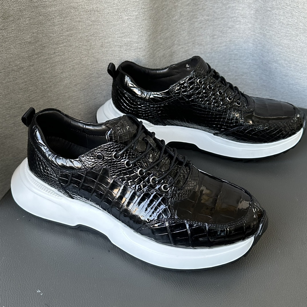 Crocodile Leather Black Belly Cut Lightweight Athletic Sneakers HCS009 photo 7