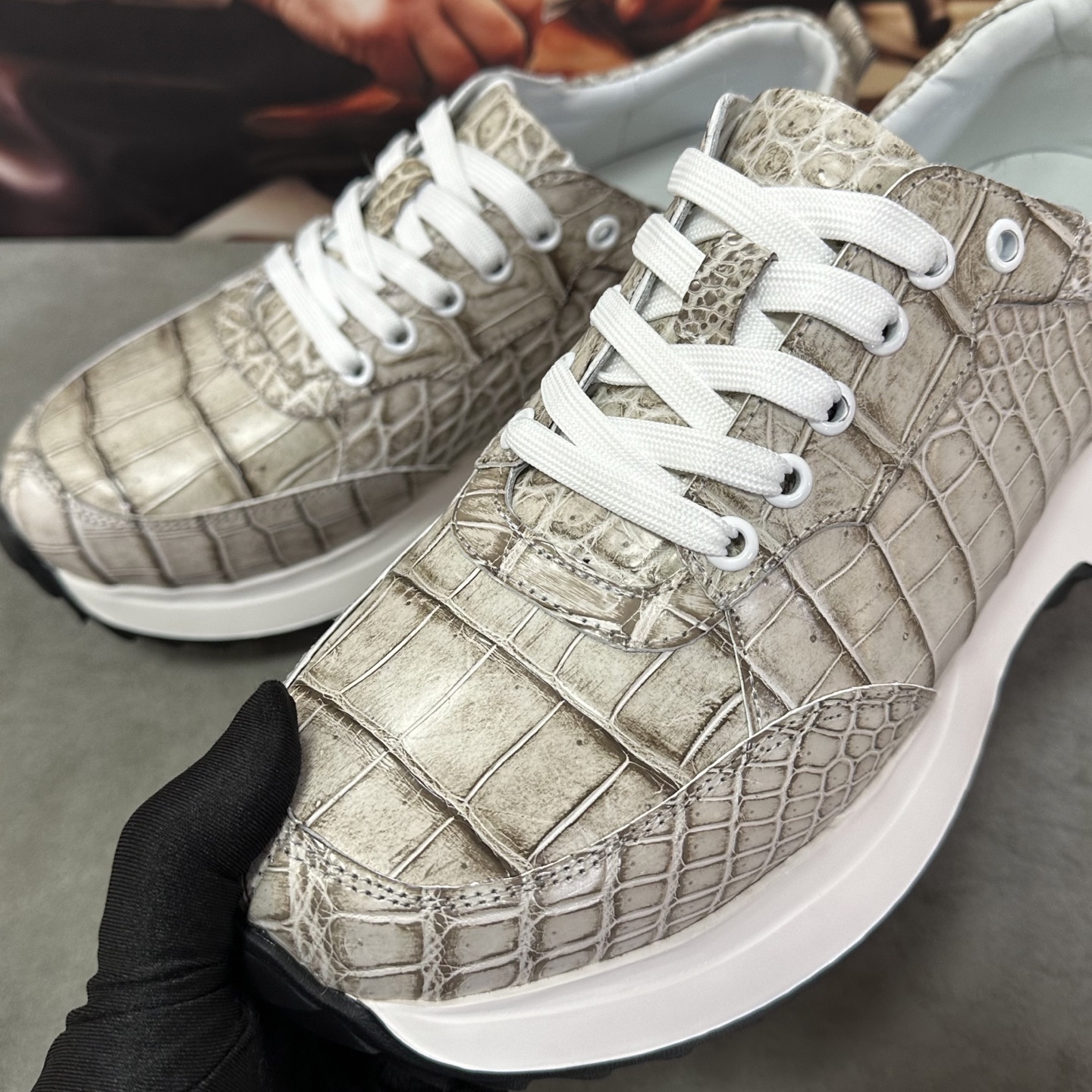 Crocodile Leather Silver Gray Low-Top Sneakers HCS010 image 9
