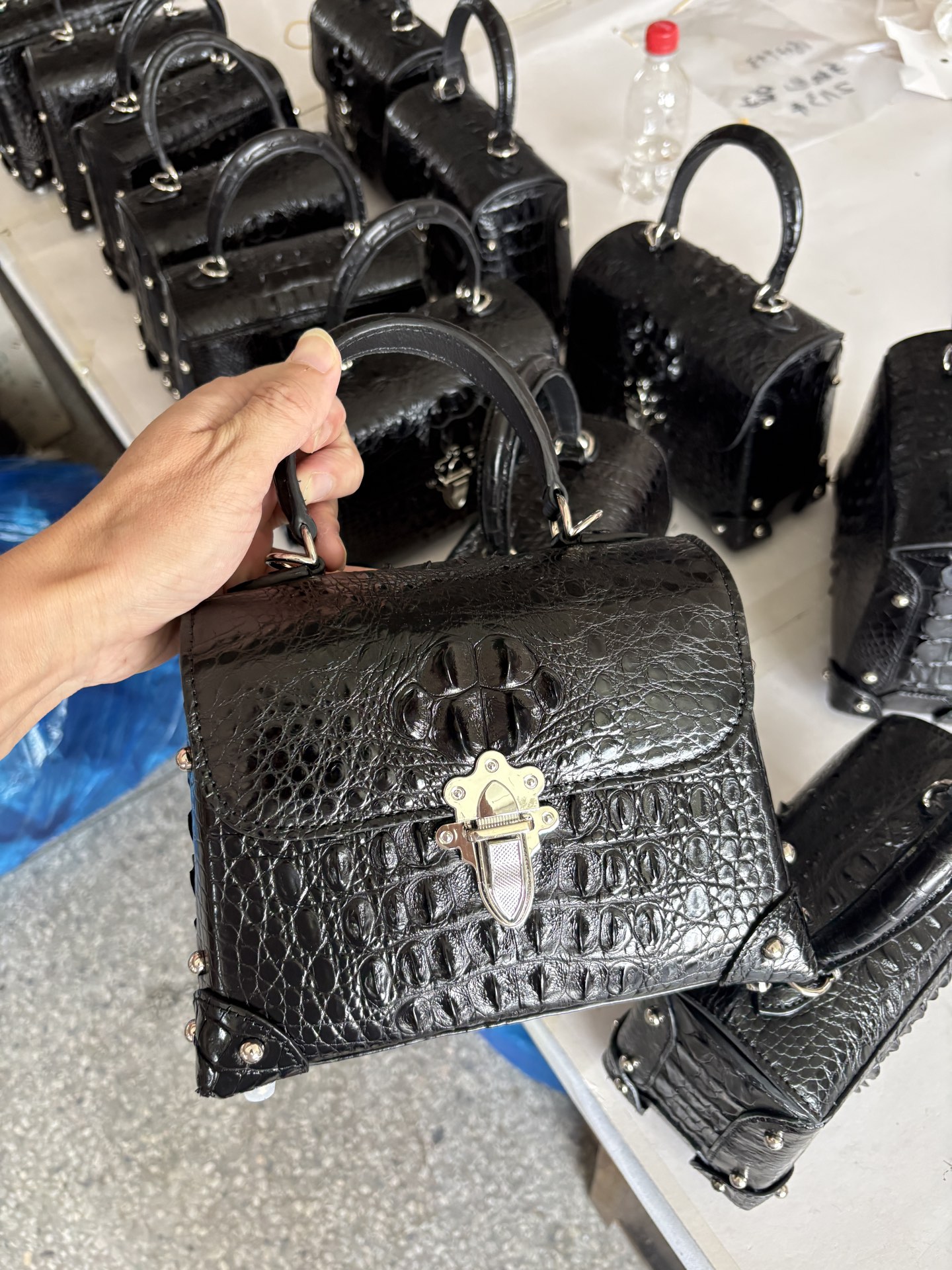 Crocodile Leather Black Glossy Structured Box Top Handle Bag HXB003