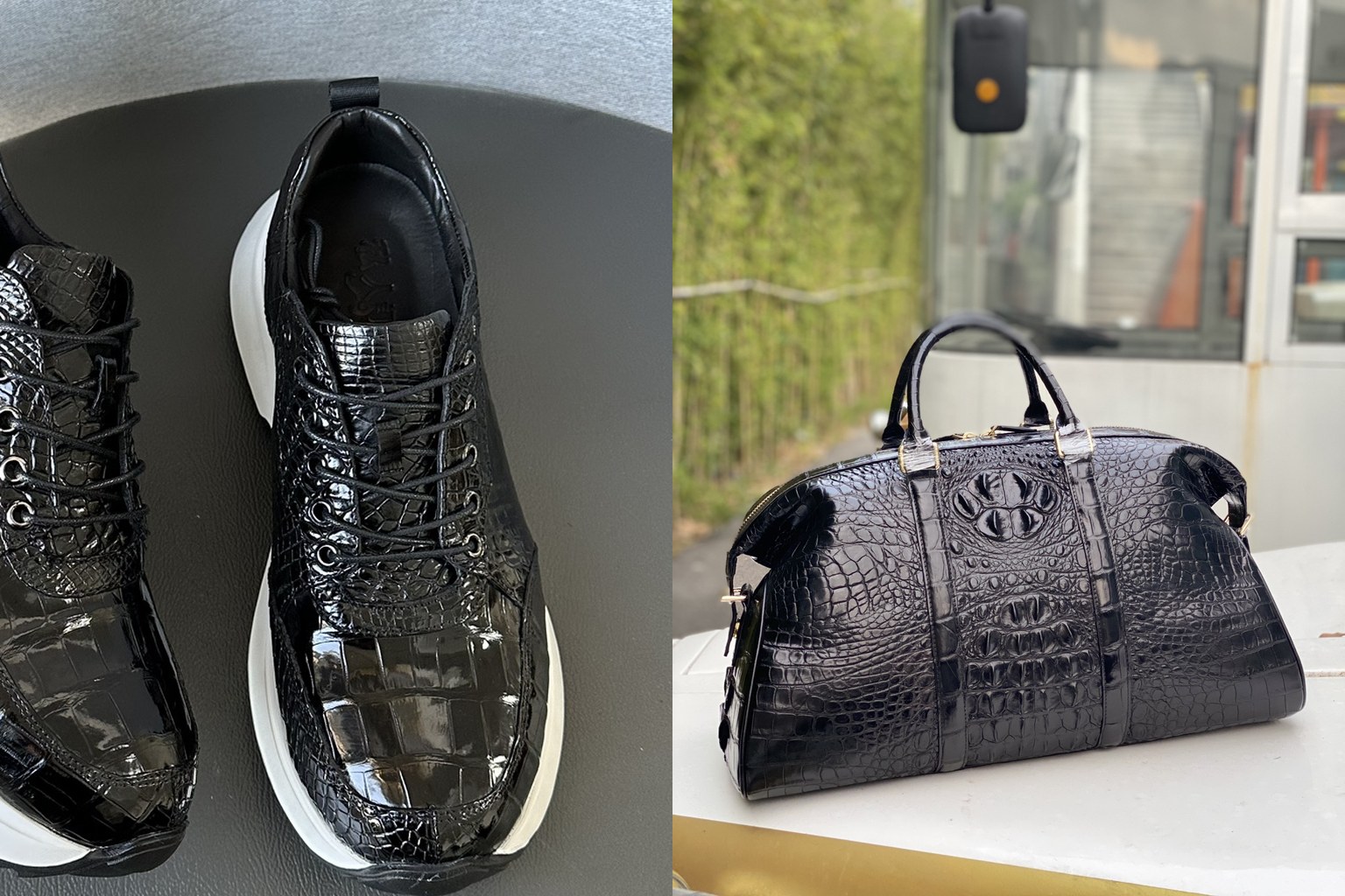 Black crocodile leather sneakers with white soles beside a black hornback crocodile leather travel duffle bag