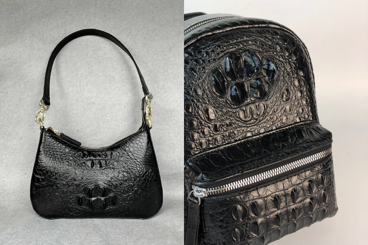 Small black hornback crocodile leather shoulder bag beside a black crocodile leather backpack with a silver zip
