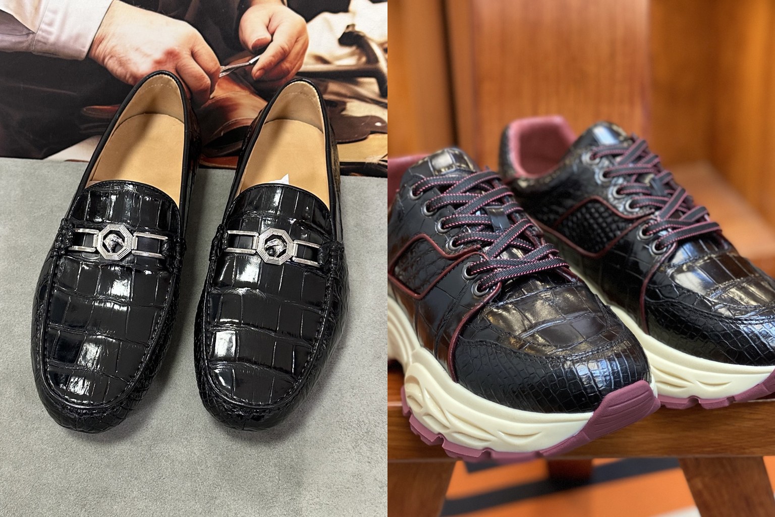 Black glazed crocodile leather driving loafers beside black crocodile leather chunky sneakers with burgundy trim