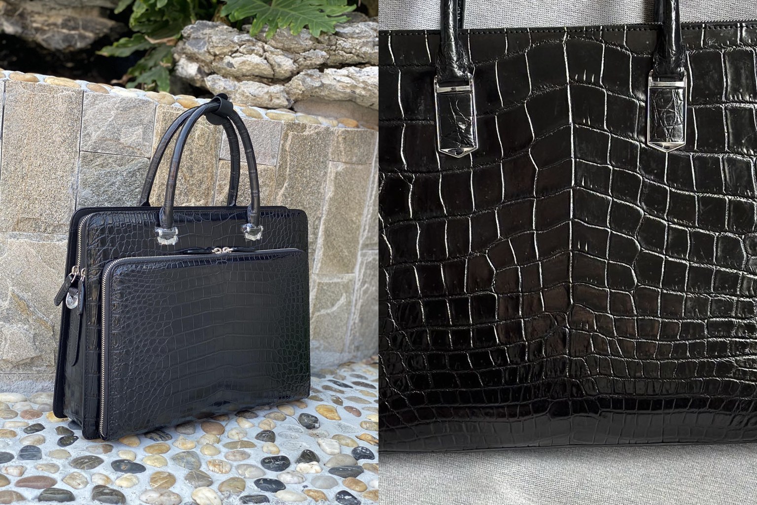 Black crocodile leather briefcase photographed outdoors beside a close-up of glazed belly tiles and handle stitching on a second briefcase