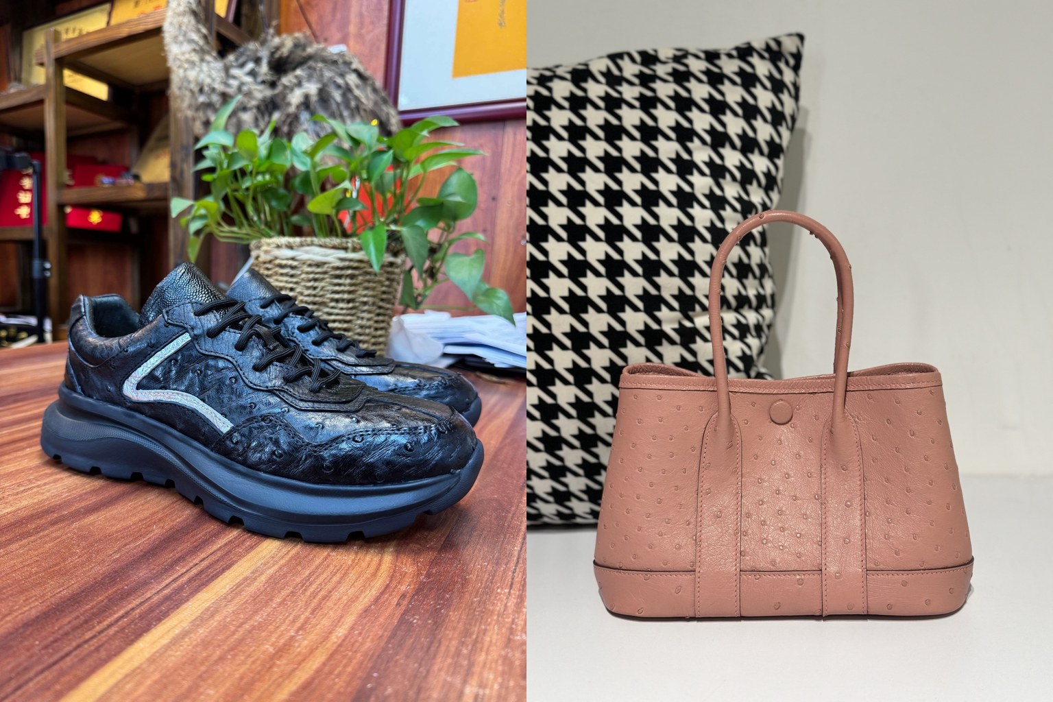 Black ostrich leather sneakers with quill pattern beside a ceramic pink ostrich leather open tote bag