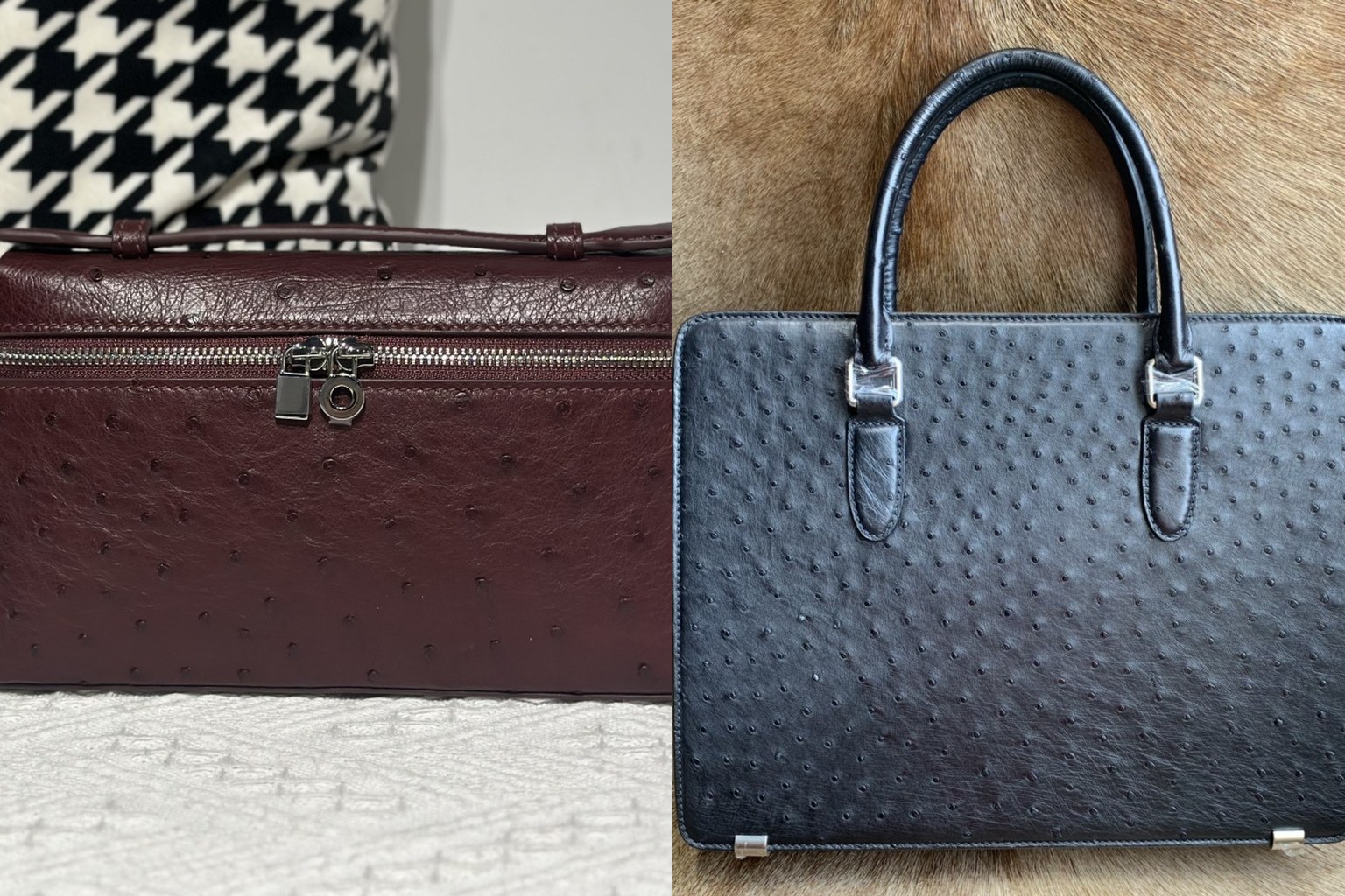 Burgundy ostrich leather top handle bag and black ostrich leather briefcase, both showing the raised quill pattern