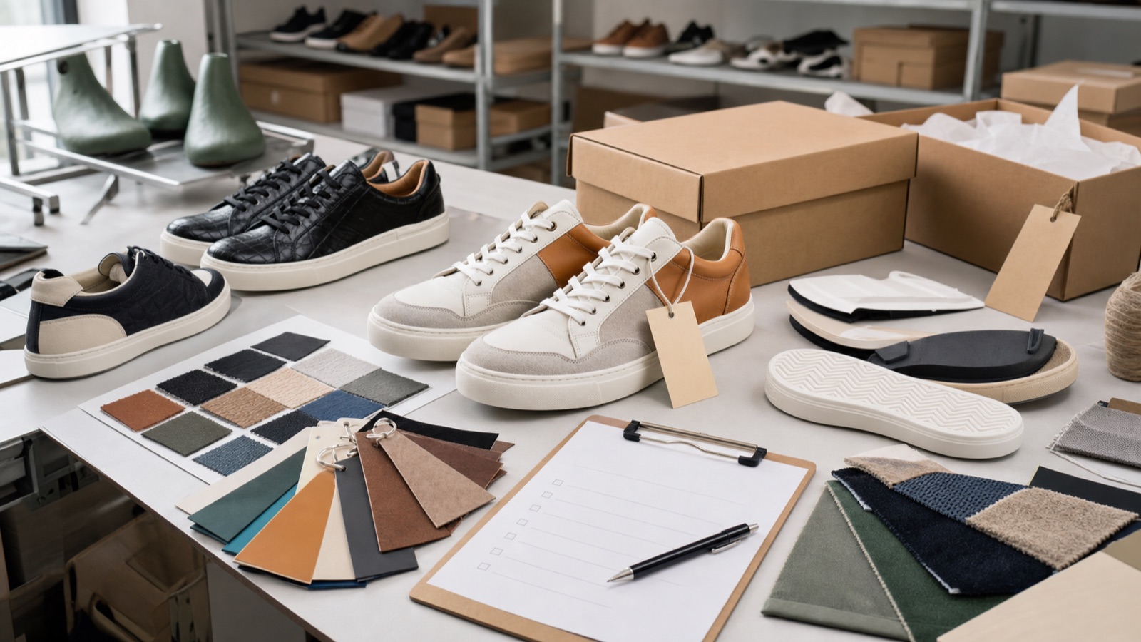 Private label shoe manufacturing planning table with sample shoes, blank packaging, swatches, and outsole pieces