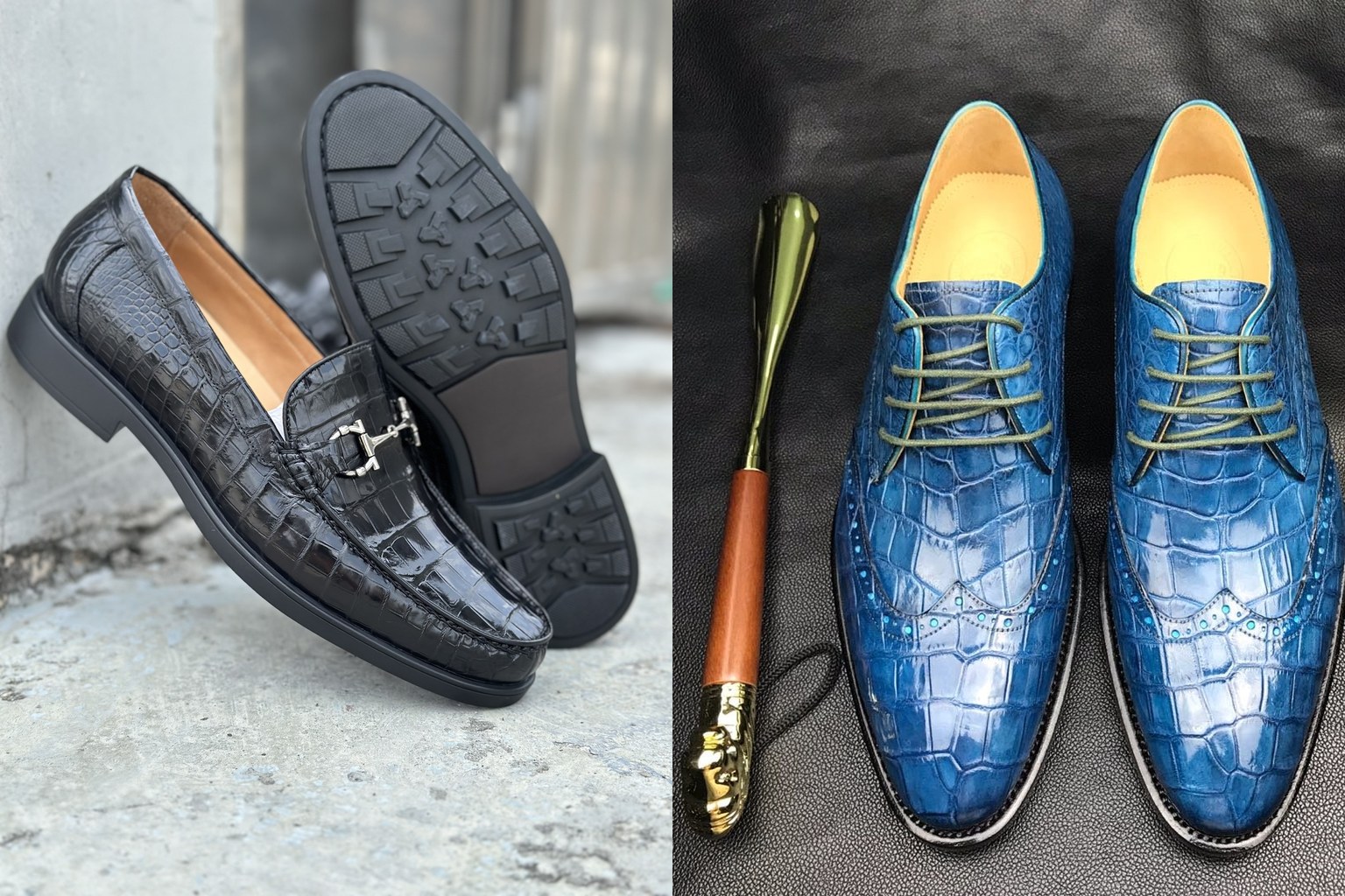 Genuine crocodile leather loafers with irregular natural tiles beside blue crocodile-embossed leather wingtip shoes with a regular repeating pattern