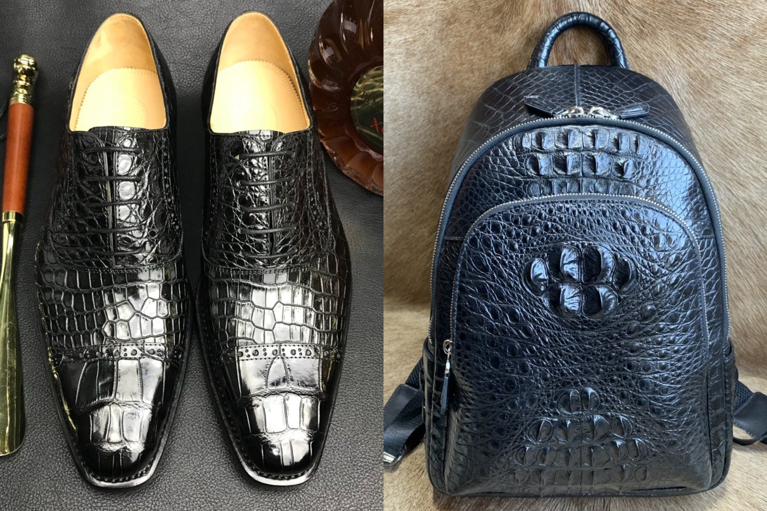 Black crocodile leather cap-toe oxford shoes next to a black hornback crocodile backpack, styled as a coordinated retail program