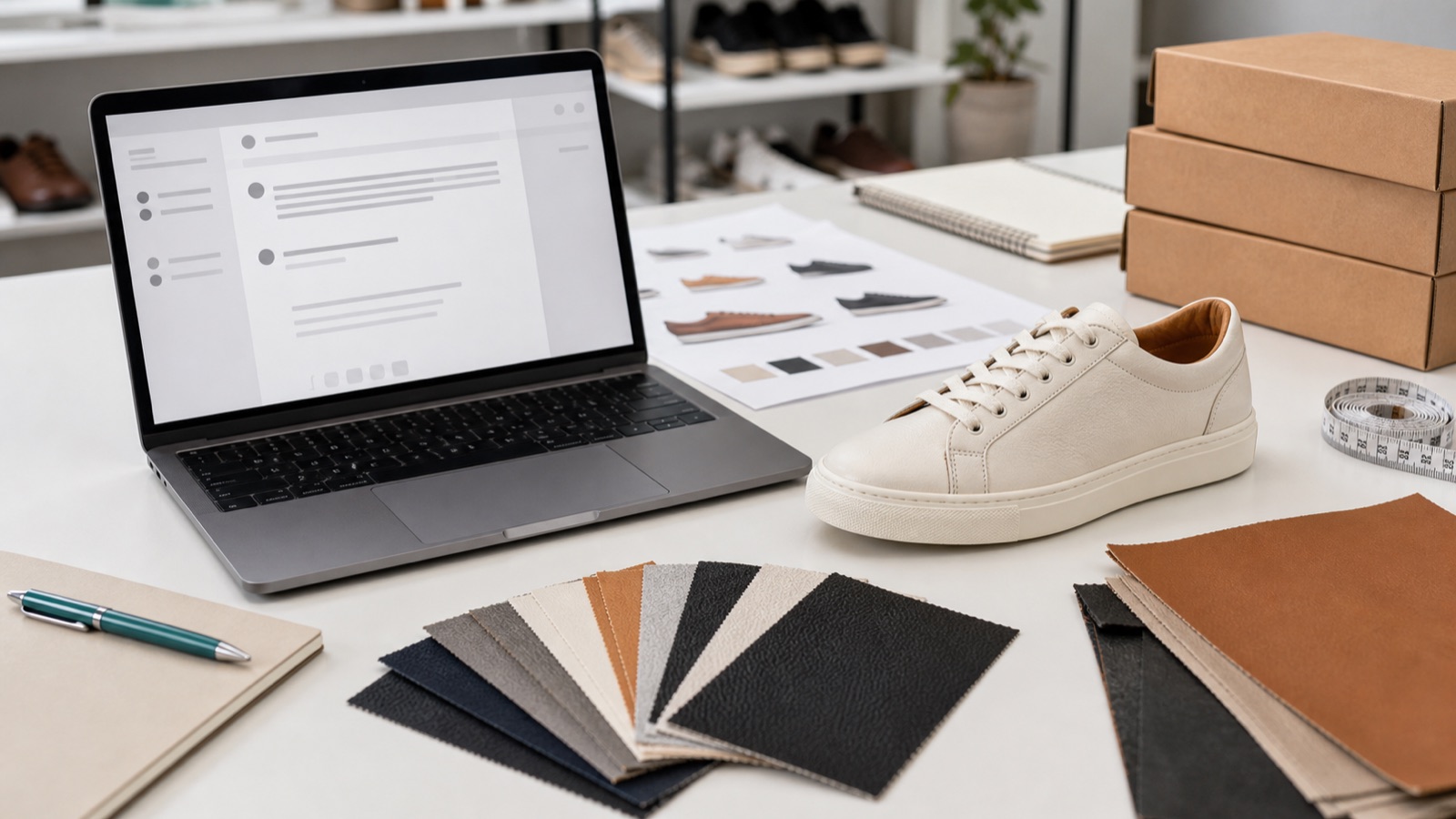 Buyer preparing a shoe manufacturer inquiry with laptop, sample shoe, swatches, and reference materials