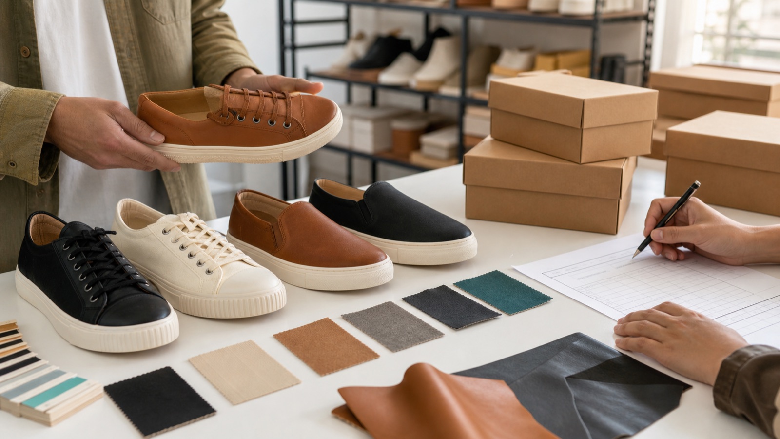 Small batch private label shoe order planning with samples, swatches, boxes, and quantity tools