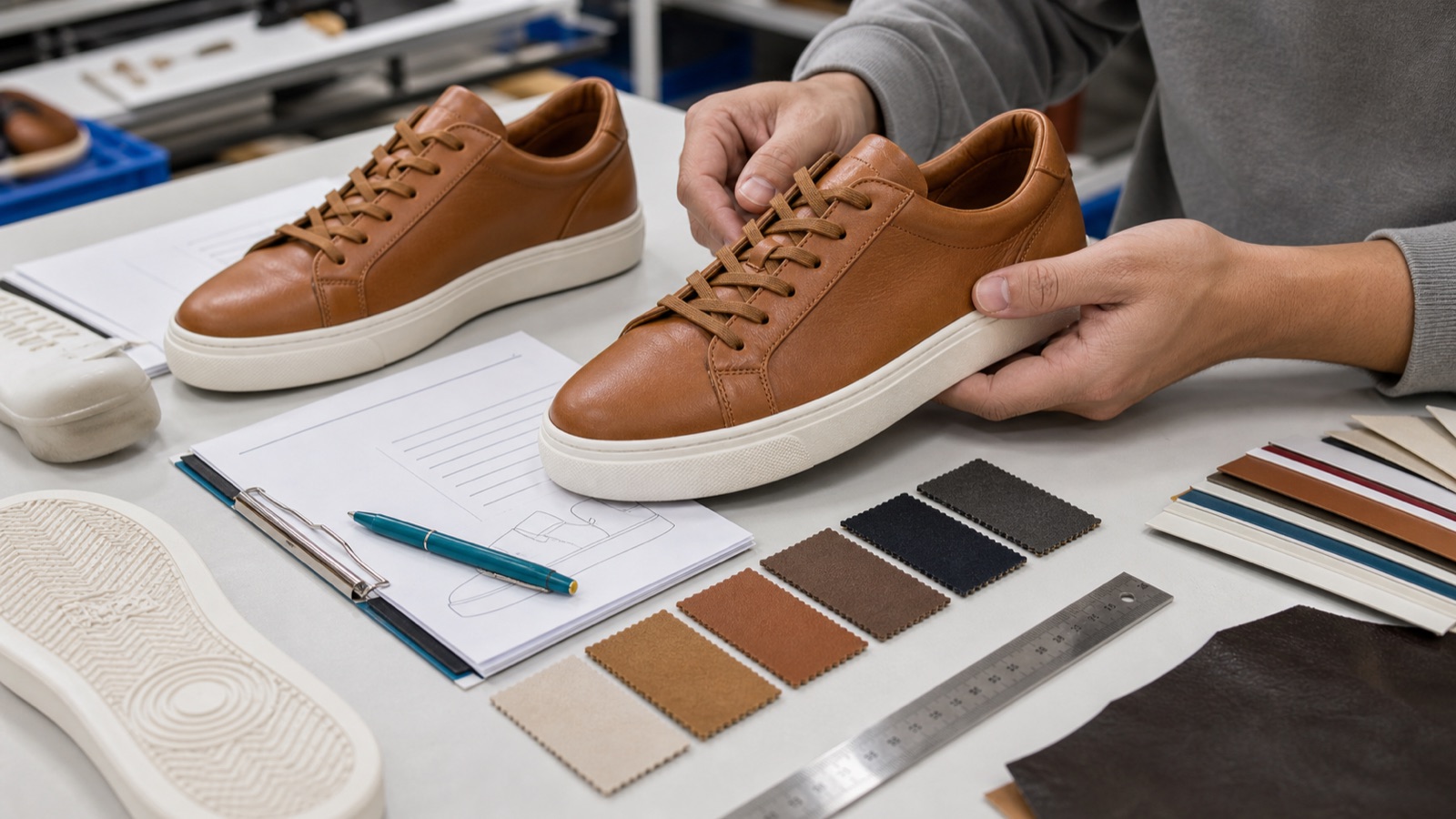 Shoe sample approval desk with sample sneaker, material swatches, outsole, and measurement tools