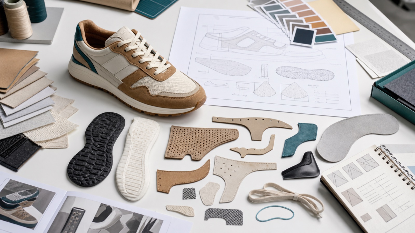 Shoe tech pack preparation desk with sample sneaker, components, swatches, drawing sheet, and measurement tools
