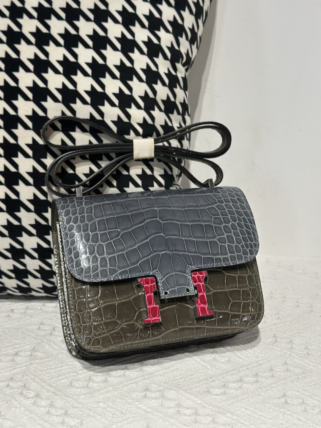 Alligator Leather Storm Blue Olive Green 18cm Glossy Silver Hardware Flap Shoulder Bag WAB001