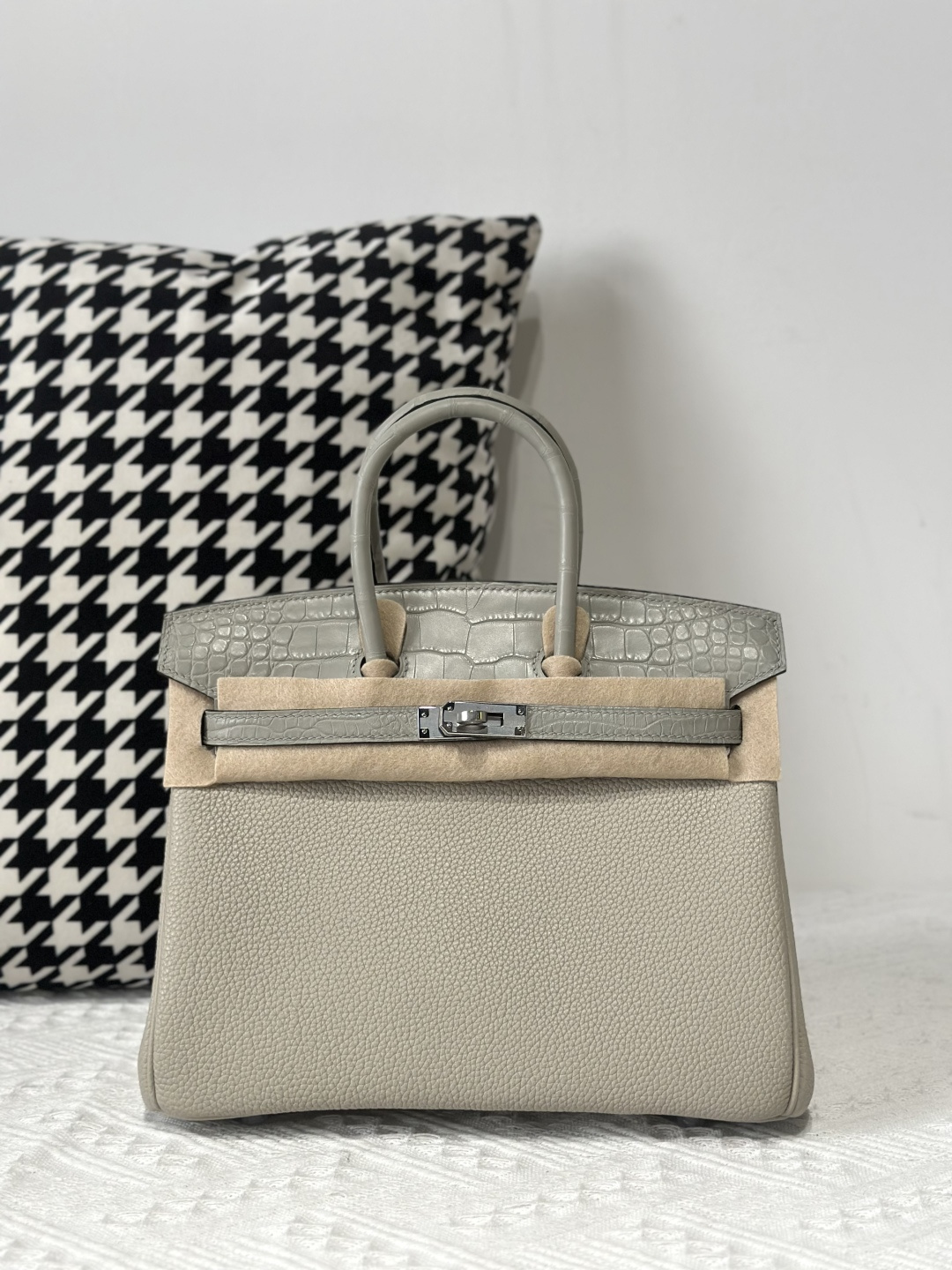 Crocodile Leather Pearl Gray 25cm Matte Mixed Leather Silver Hardware Top Handle Tote Bag WCB023