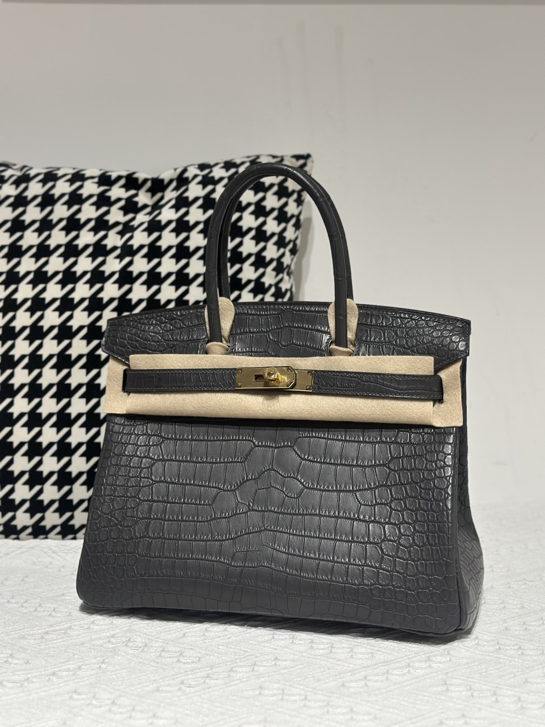 Crocodile Leather Graphite Gray 30cm Matte Gold Hardware Top Handle Tote Bag WCB029