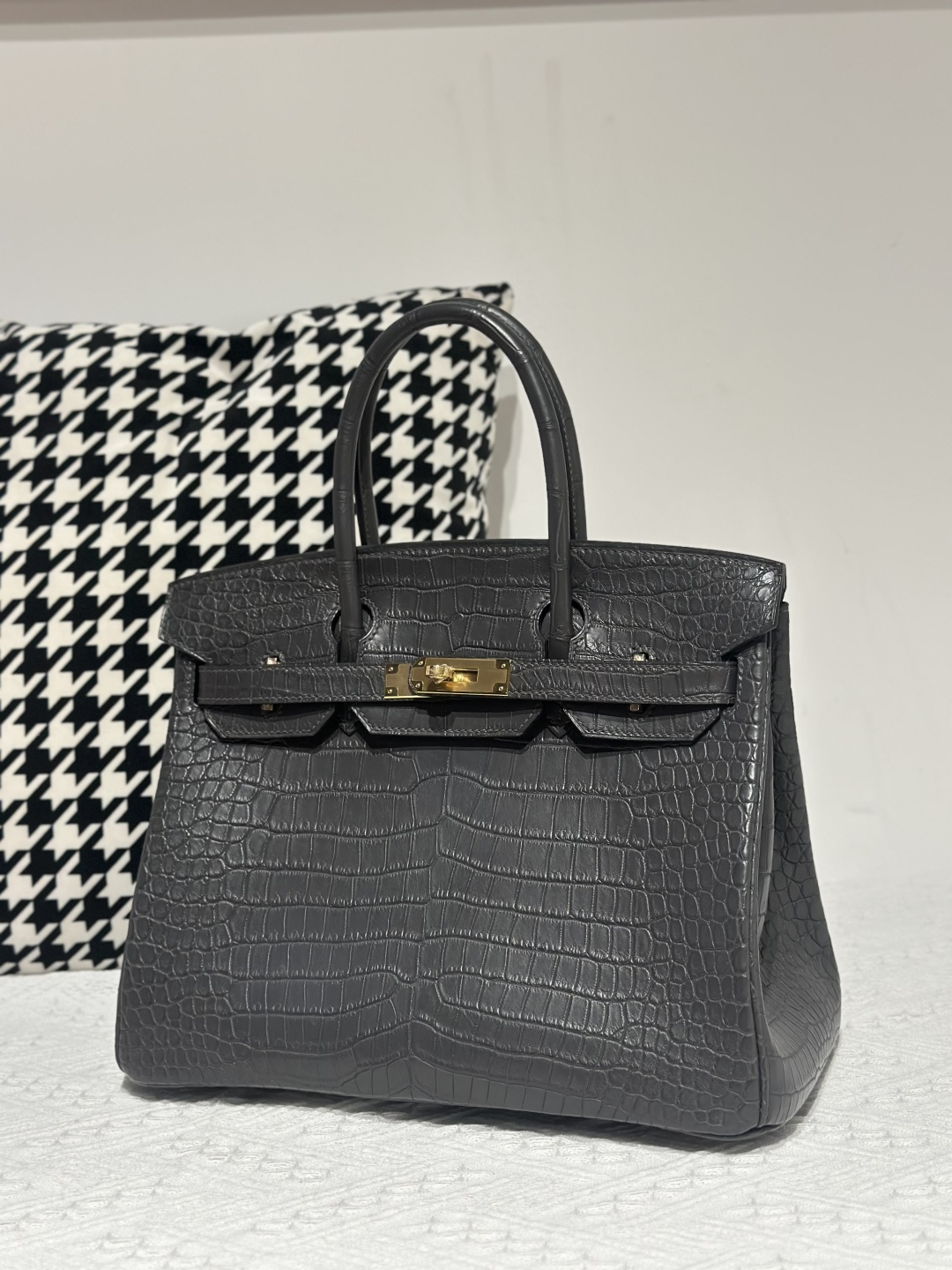 Crocodile Leather Graphite Gray 30cm Matte Gold Hardware Top Handle Tote Bag WCB030