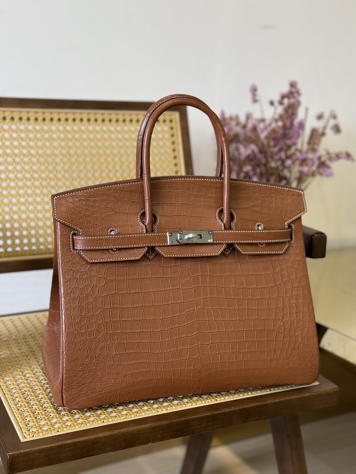 Crocodile Leather Saddle Brown 35cm Matte Silver Hardware Top Handle Tote Bag WCB044