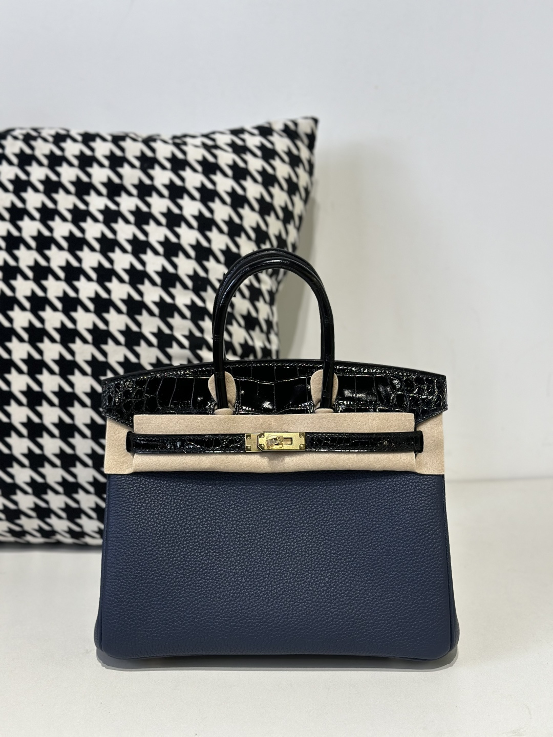 Crocodile Leather Royal Blue 25cm Glossy Mixed Leather Gold Hardware Top Handle Tote Bag WCB049